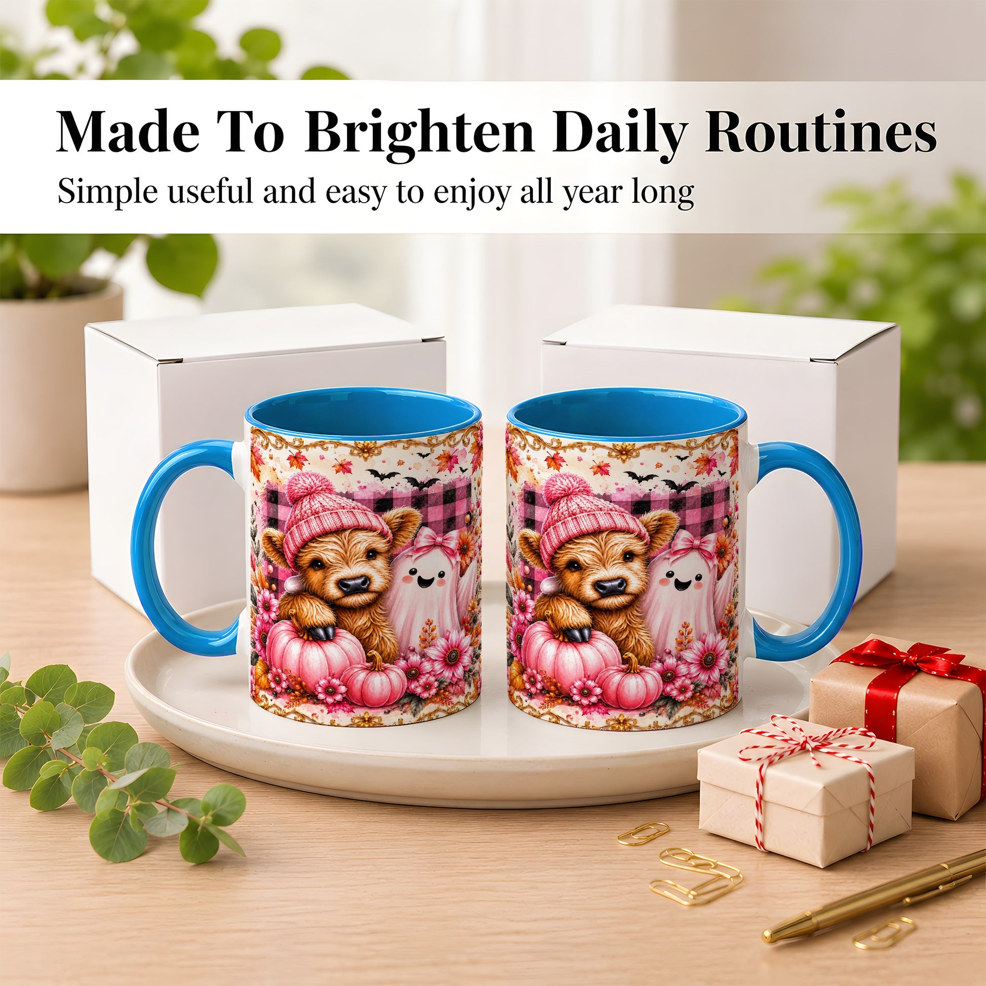 #pl[11oz|Blue] Highland Cow Coffee Mug, Pink Fall Ghost Mug, Ceramic Cup