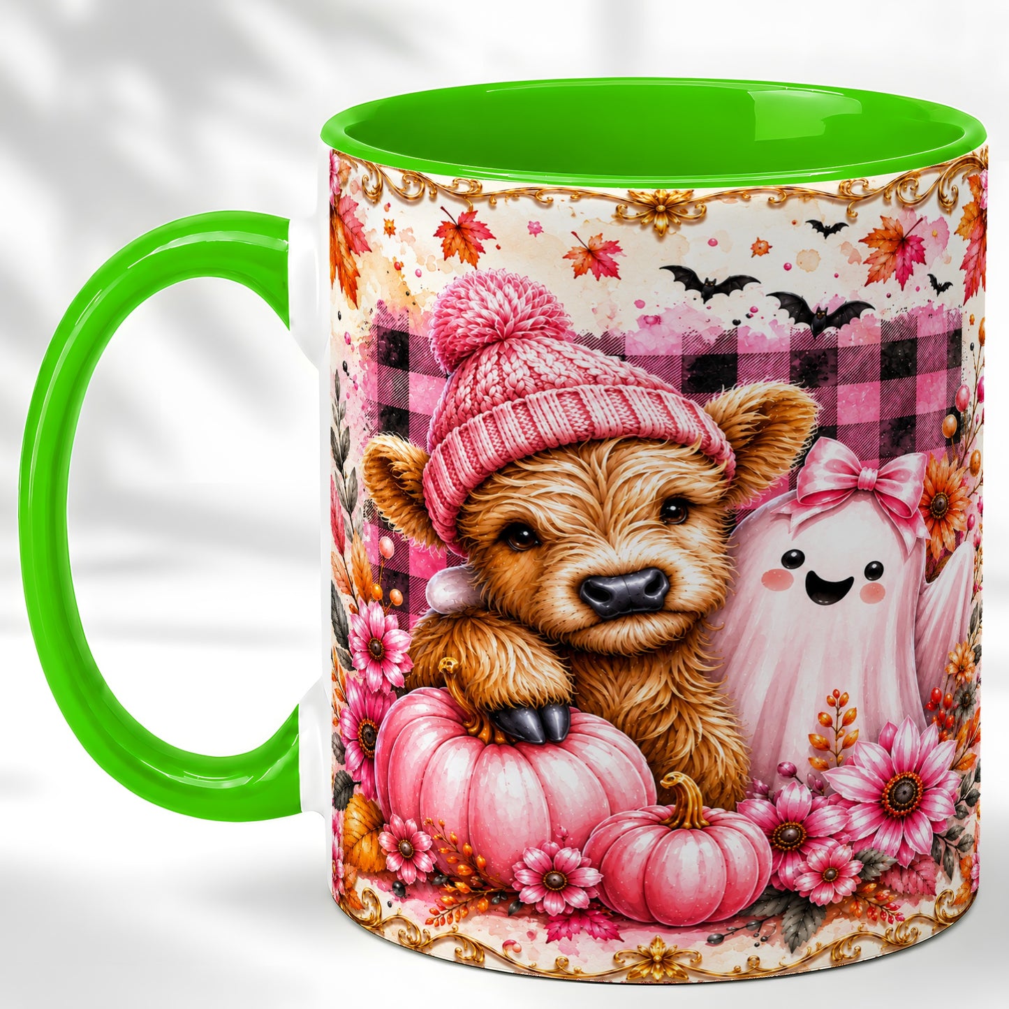 #pl[11oz|Green] Highland Cow Coffee Mug, Pink Fall Ghost Mug, Ceramic Cup
