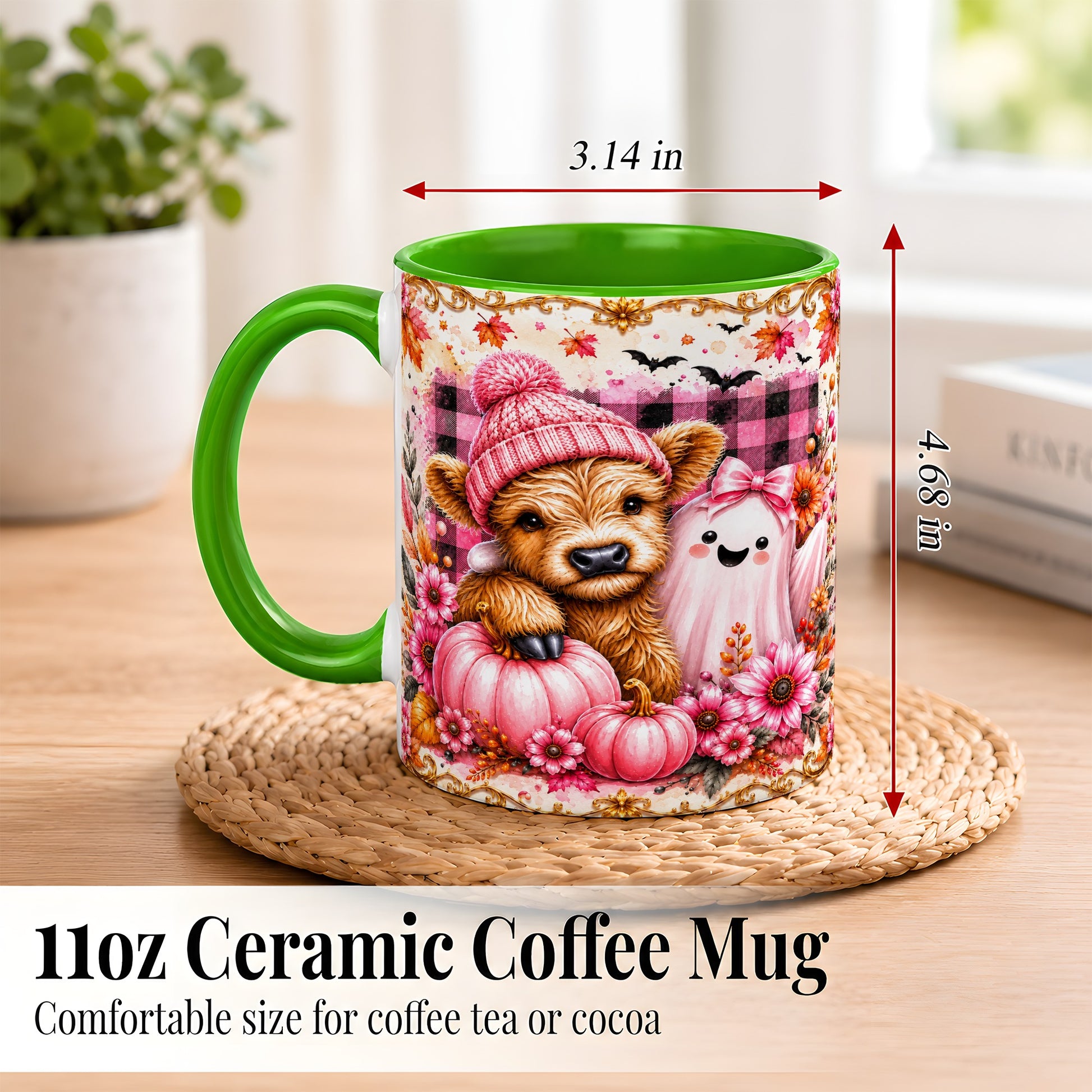 #pl[11oz|Green] Highland Cow Coffee Mug, Pink Fall Ghost Mug, Ceramic Cup