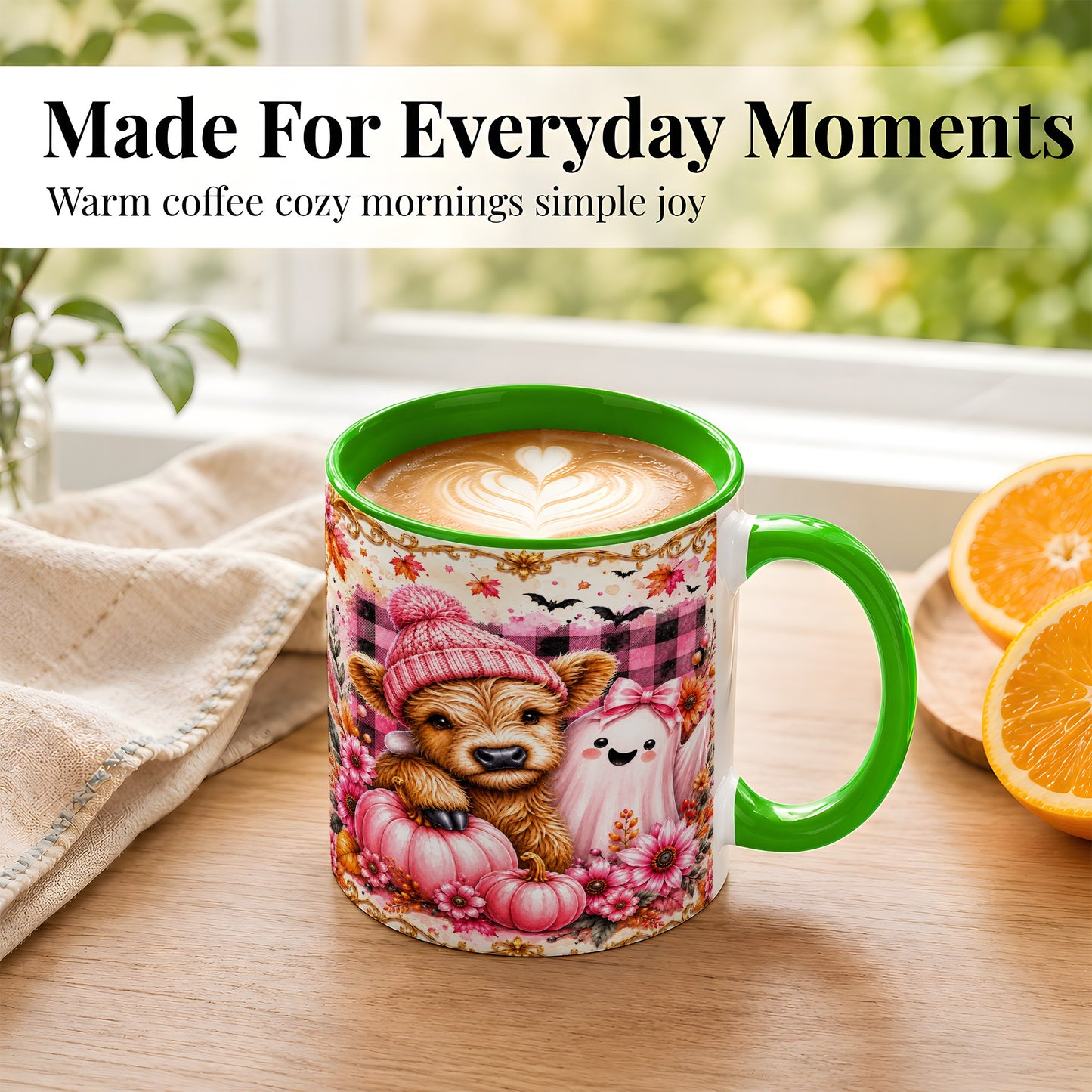 #pl[11oz|Green] Highland Cow Coffee Mug, Pink Fall Ghost Mug, Ceramic Cup