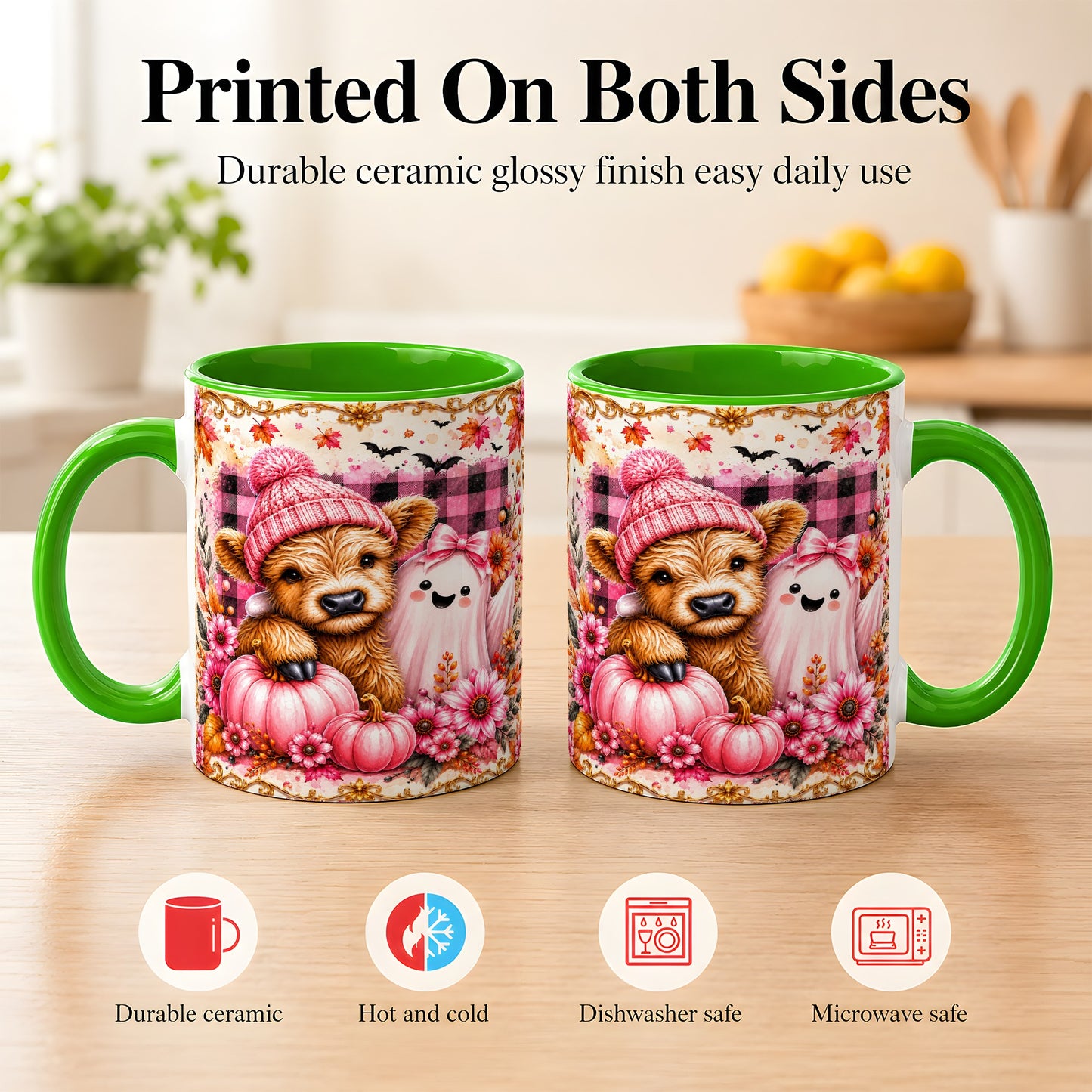 #pl[11oz|Green] Highland Cow Coffee Mug, Pink Fall Ghost Mug, Ceramic Cup
