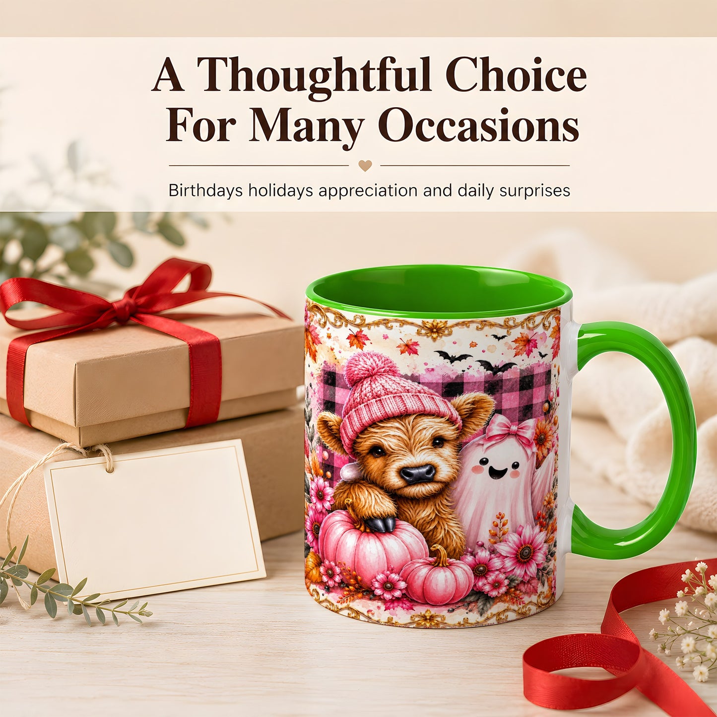 #pl[11oz|Green] Highland Cow Coffee Mug, Pink Fall Ghost Mug, Ceramic Cup