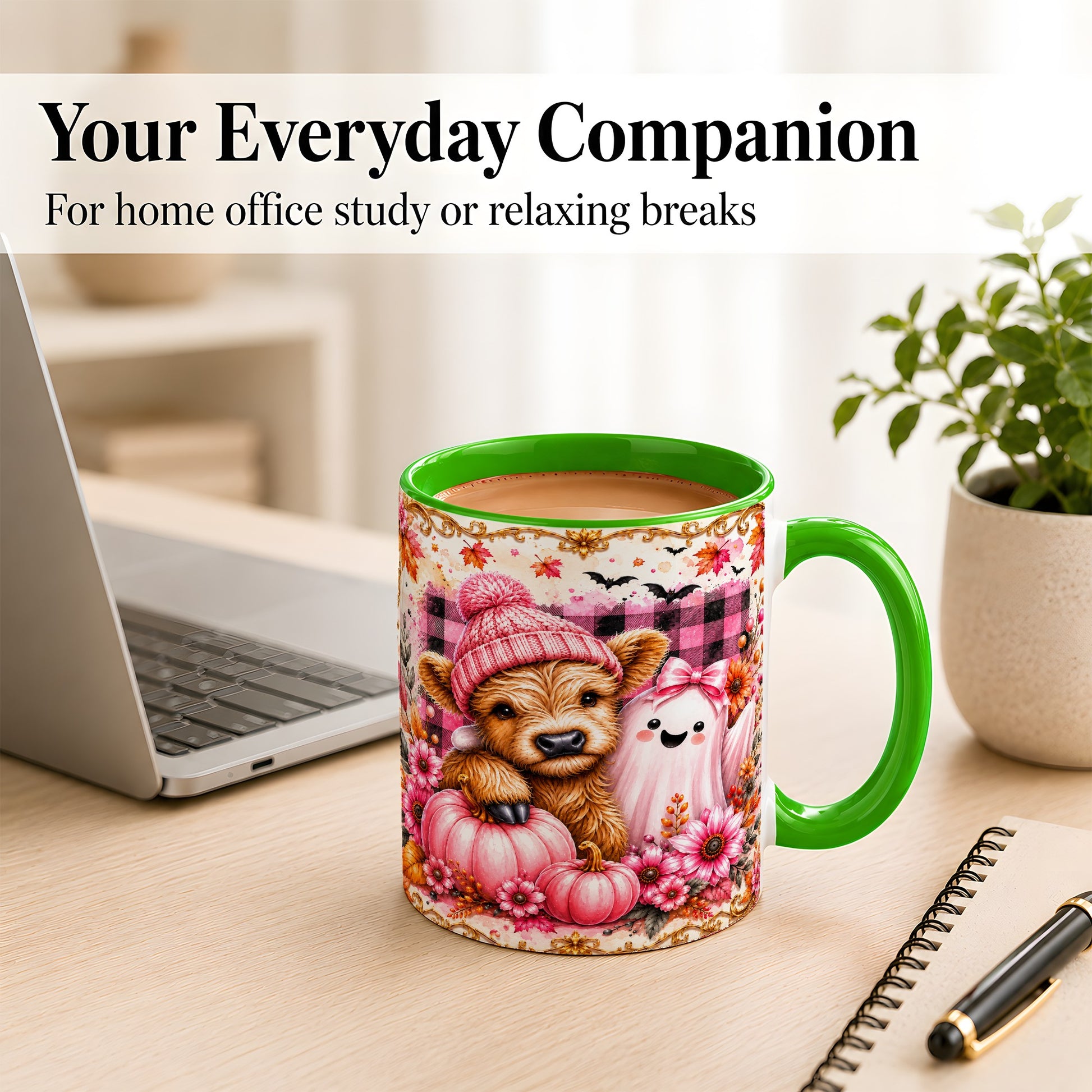 #pl[11oz|Green] Highland Cow Coffee Mug, Pink Fall Ghost Mug, Ceramic Cup