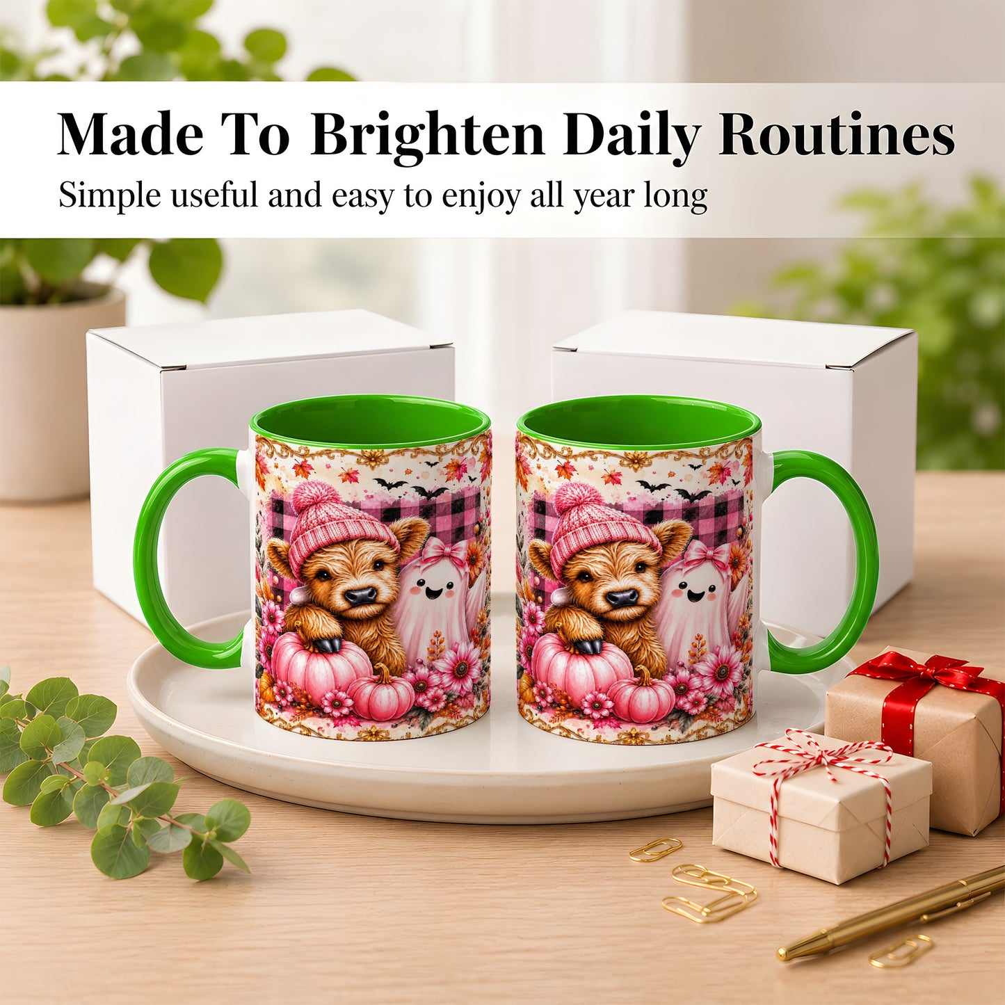 #pl[11oz|Green] Highland Cow Coffee Mug, Pink Fall Ghost Mug, Ceramic Cup