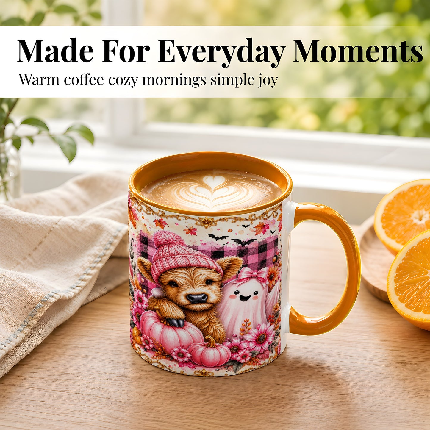 #pl[11oz|Orange] Highland Cow Coffee Mug, Pink Fall Ghost Mug, Ceramic Cup