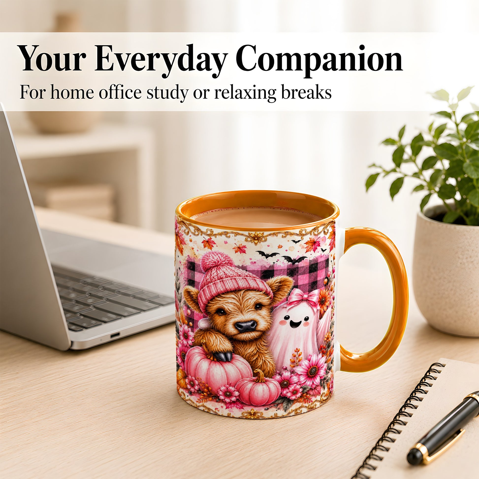 #pl[11oz|Orange] Highland Cow Coffee Mug, Pink Fall Ghost Mug, Ceramic Cup