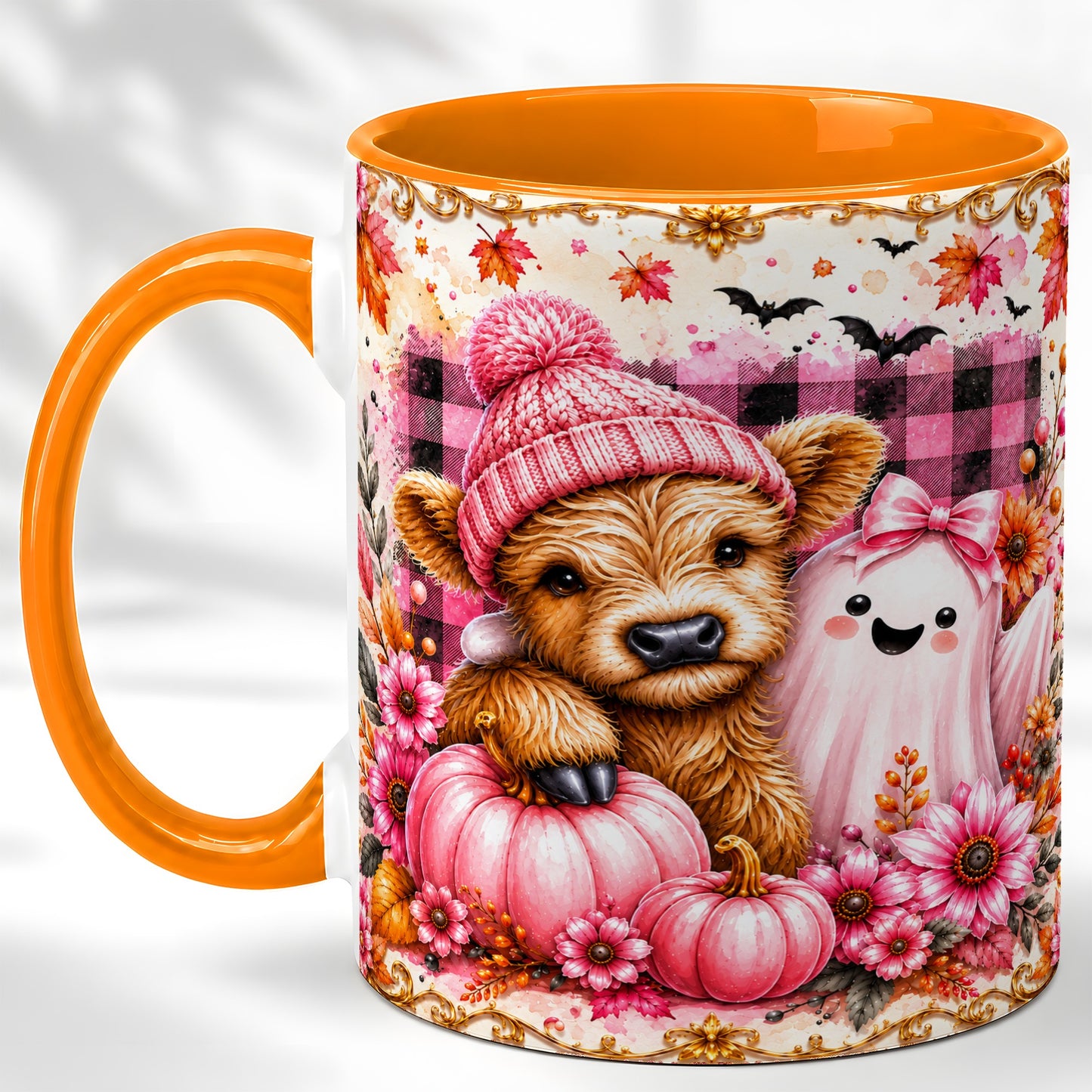 #pl[11oz|Orange] Highland Cow Coffee Mug, Pink Fall Ghost Mug, Ceramic Cup