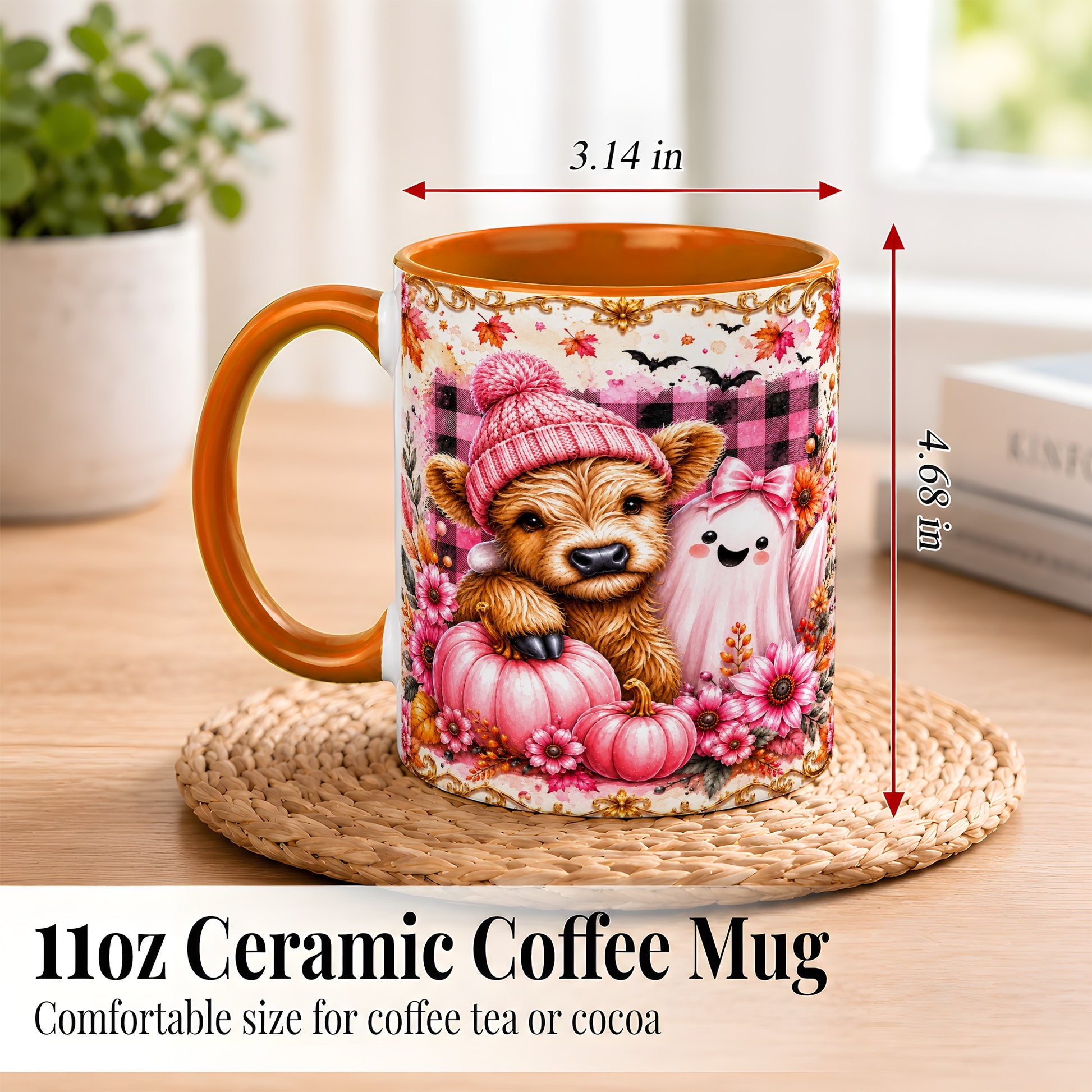#pl[11oz|Orange] Highland Cow Coffee Mug, Pink Fall Ghost Mug, Ceramic Cup