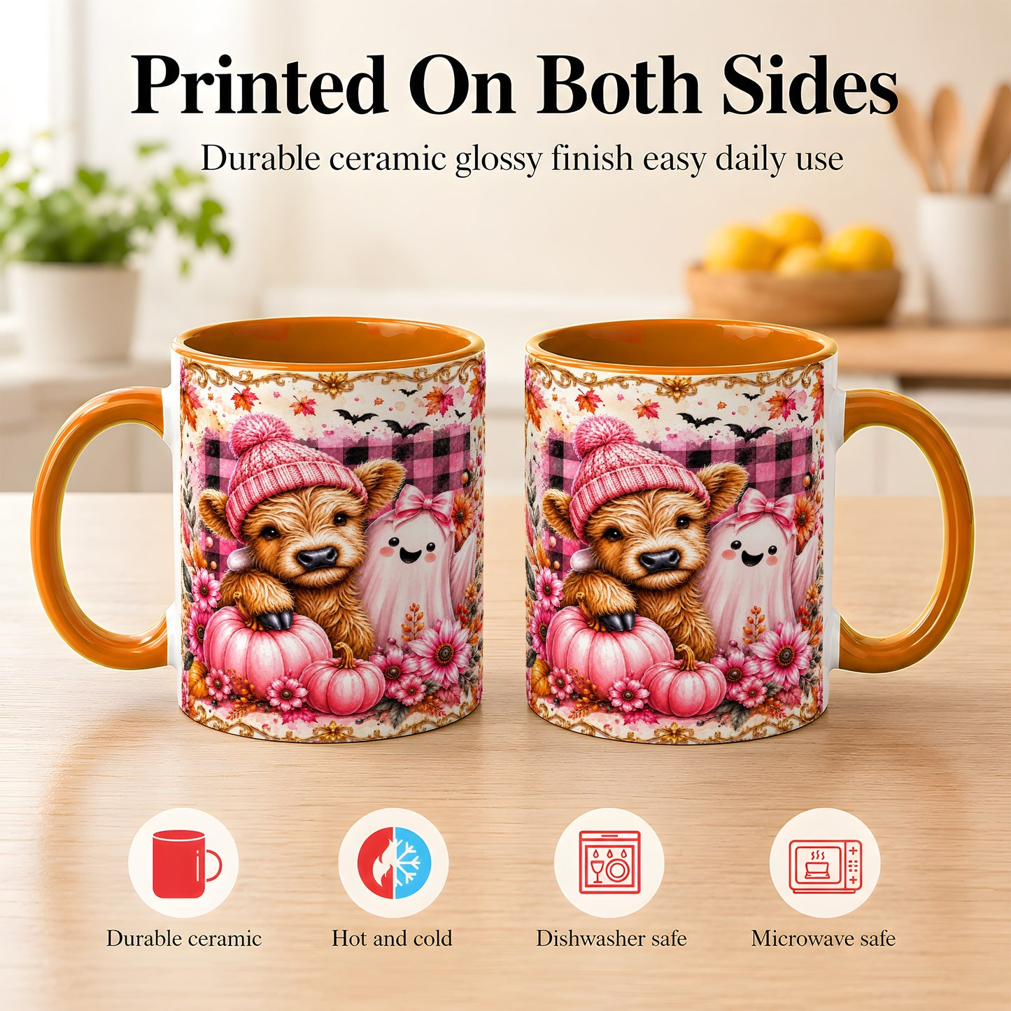 #pl[11oz|Orange] Highland Cow Coffee Mug, Pink Fall Ghost Mug, Ceramic Cup