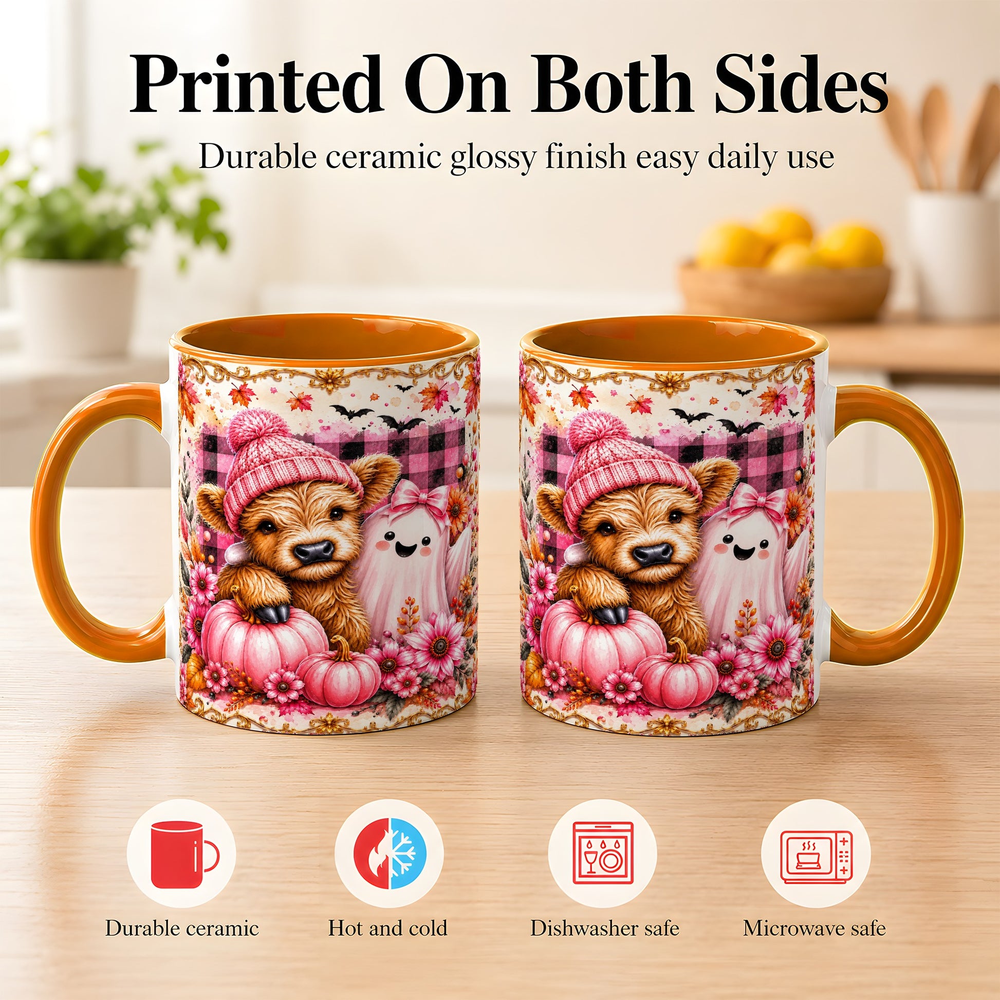 #pl[11oz|Orange] Highland Cow Coffee Mug, Pink Fall Ghost Mug, Ceramic Cup