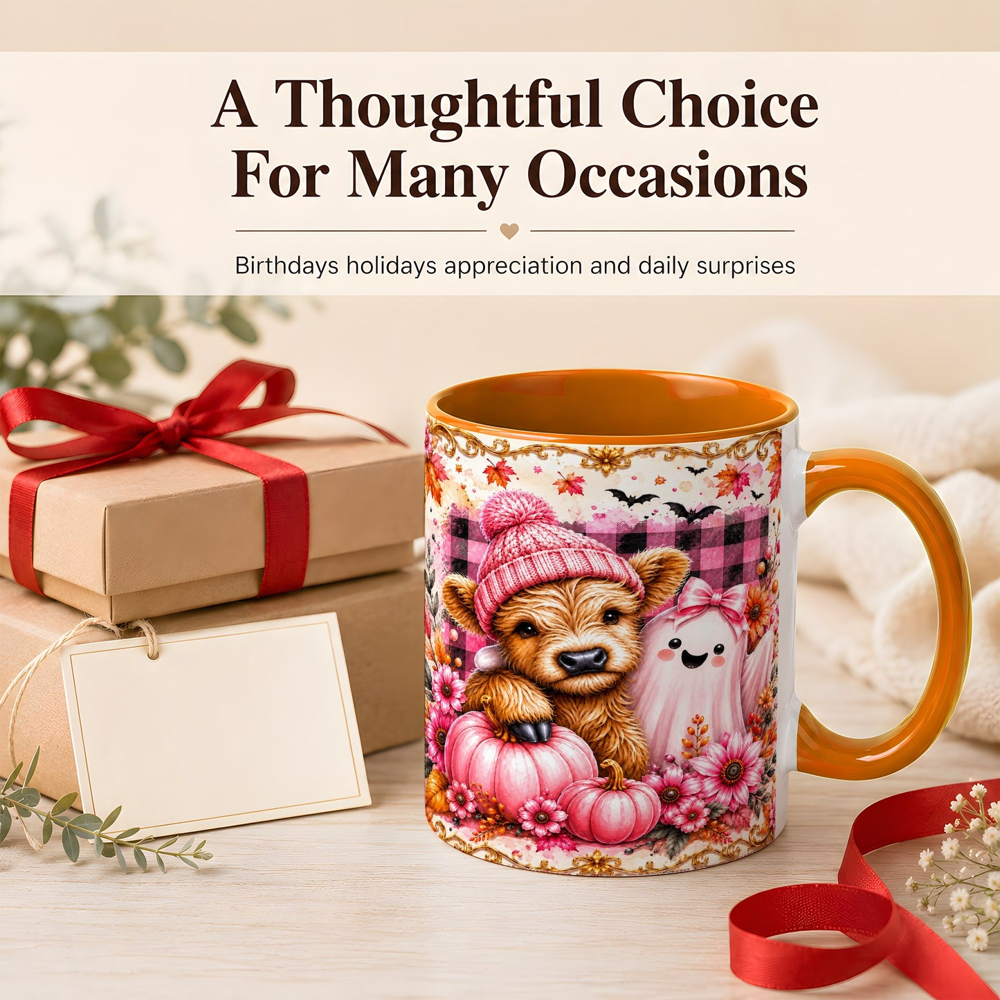 #pl[11oz|Orange] Highland Cow Coffee Mug, Pink Fall Ghost Mug, Ceramic Cup