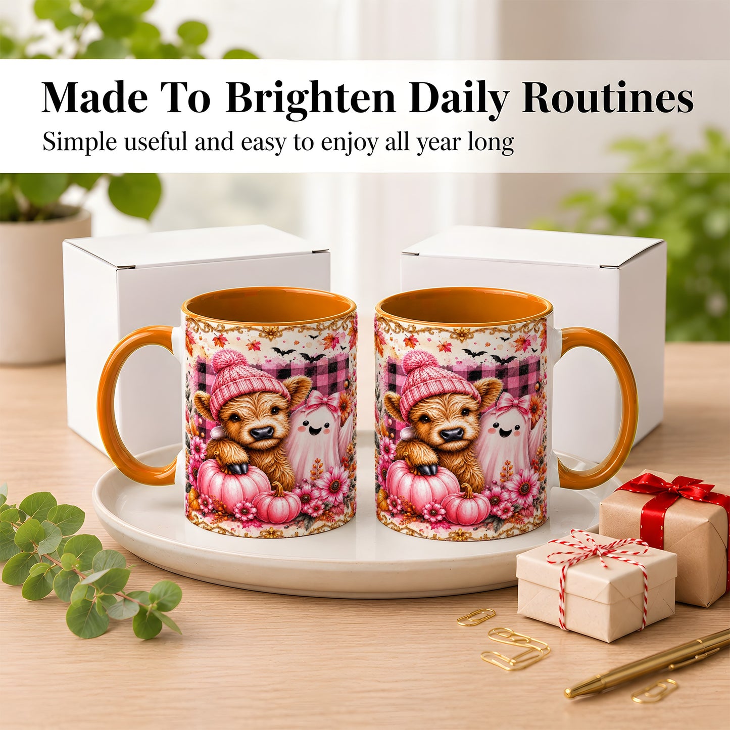 #pl[11oz|Orange] Highland Cow Coffee Mug, Pink Fall Ghost Mug, Ceramic Cup