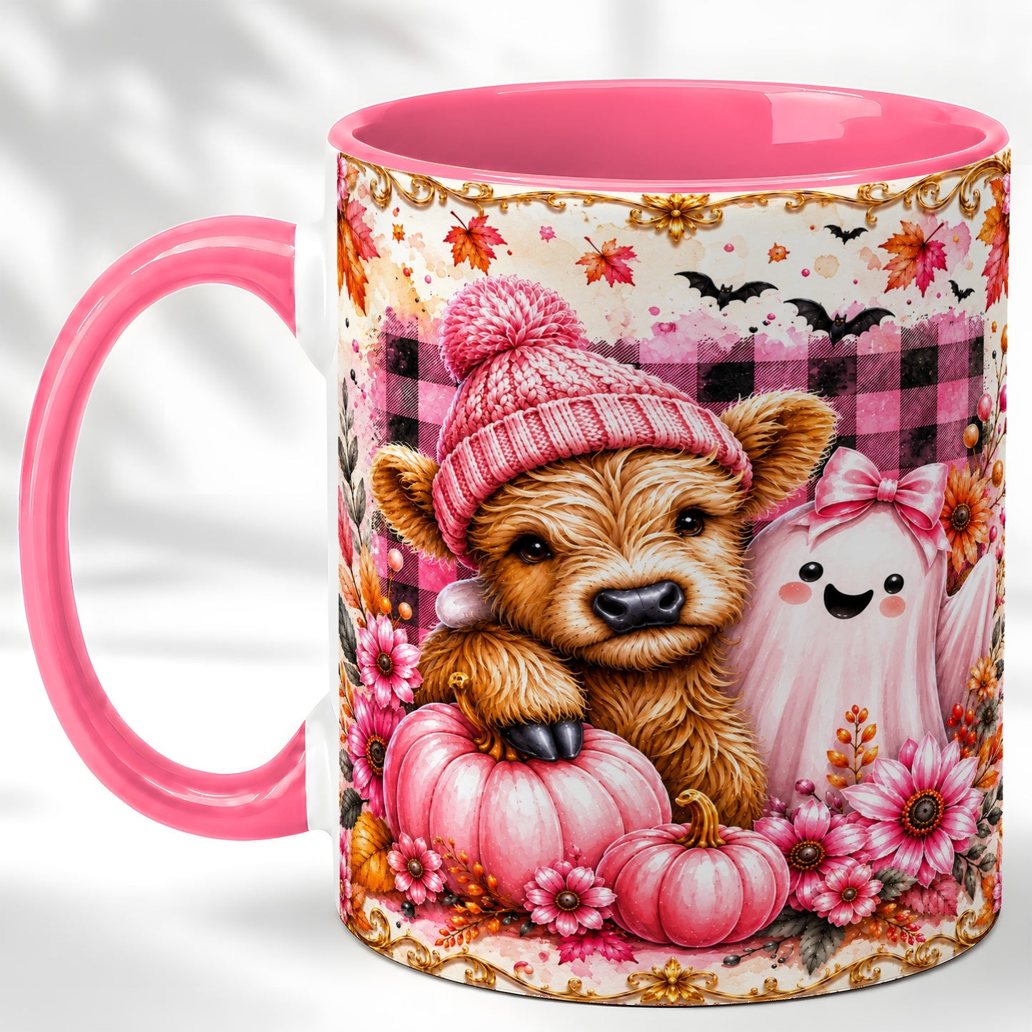 #pl[11oz|Pink] Highland Cow Coffee Mug, Pink Fall Ghost Mug, Ceramic Cup