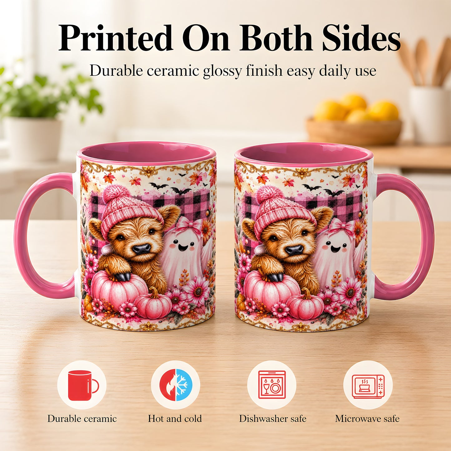 #pl[11oz|Pink] Highland Cow Coffee Mug, Pink Fall Ghost Mug, Ceramic Cup