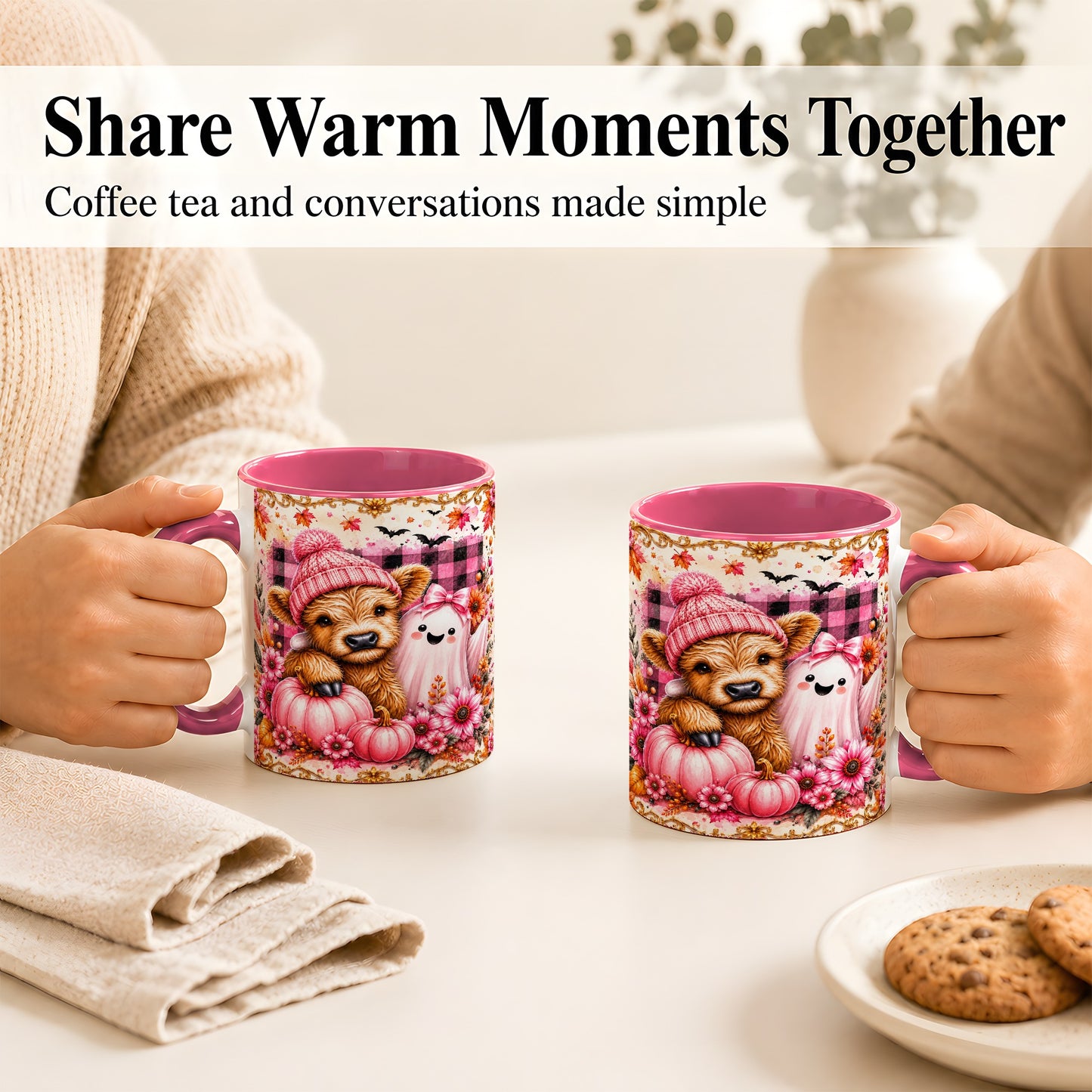 #pl[11oz|Pink] Highland Cow Coffee Mug, Pink Fall Ghost Mug, Ceramic Cup