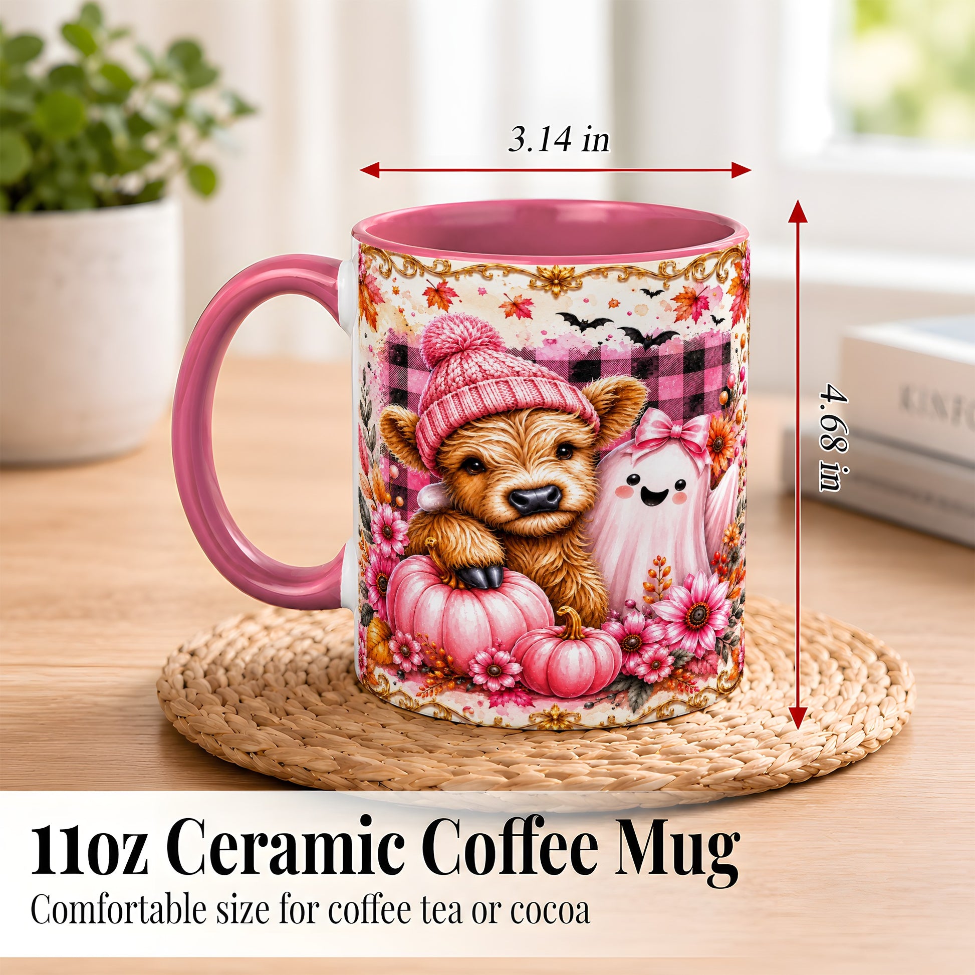 #pl[11oz|Pink] Highland Cow Coffee Mug, Pink Fall Ghost Mug, Ceramic Cup