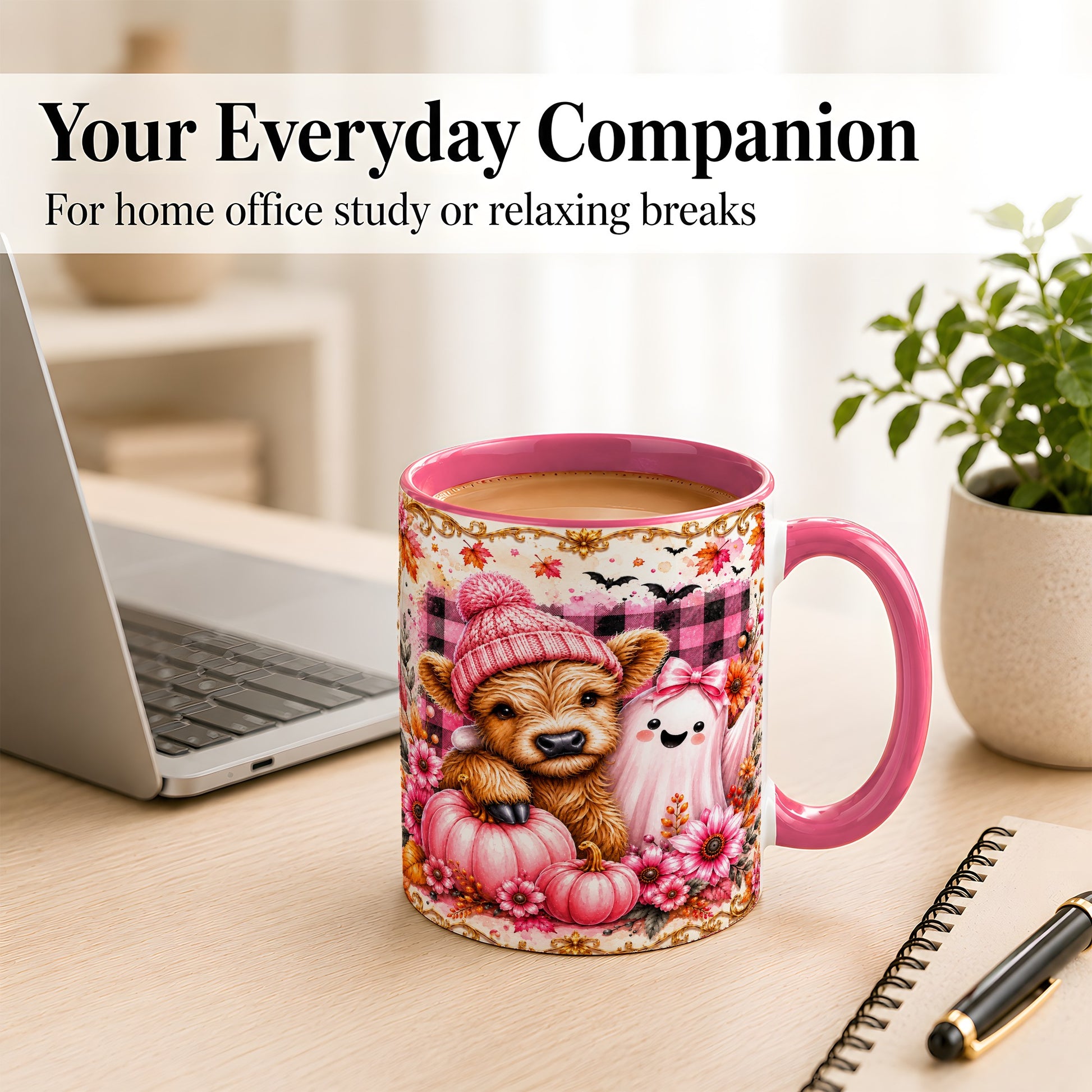 #pl[11oz|Pink] Highland Cow Coffee Mug, Pink Fall Ghost Mug, Ceramic Cup