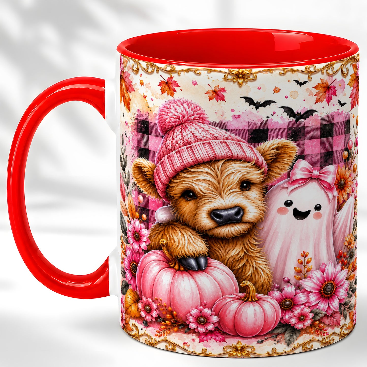 #pl[11oz|Red] Highland Cow Coffee Mug, Pink Fall Ghost Mug, Ceramic Cup