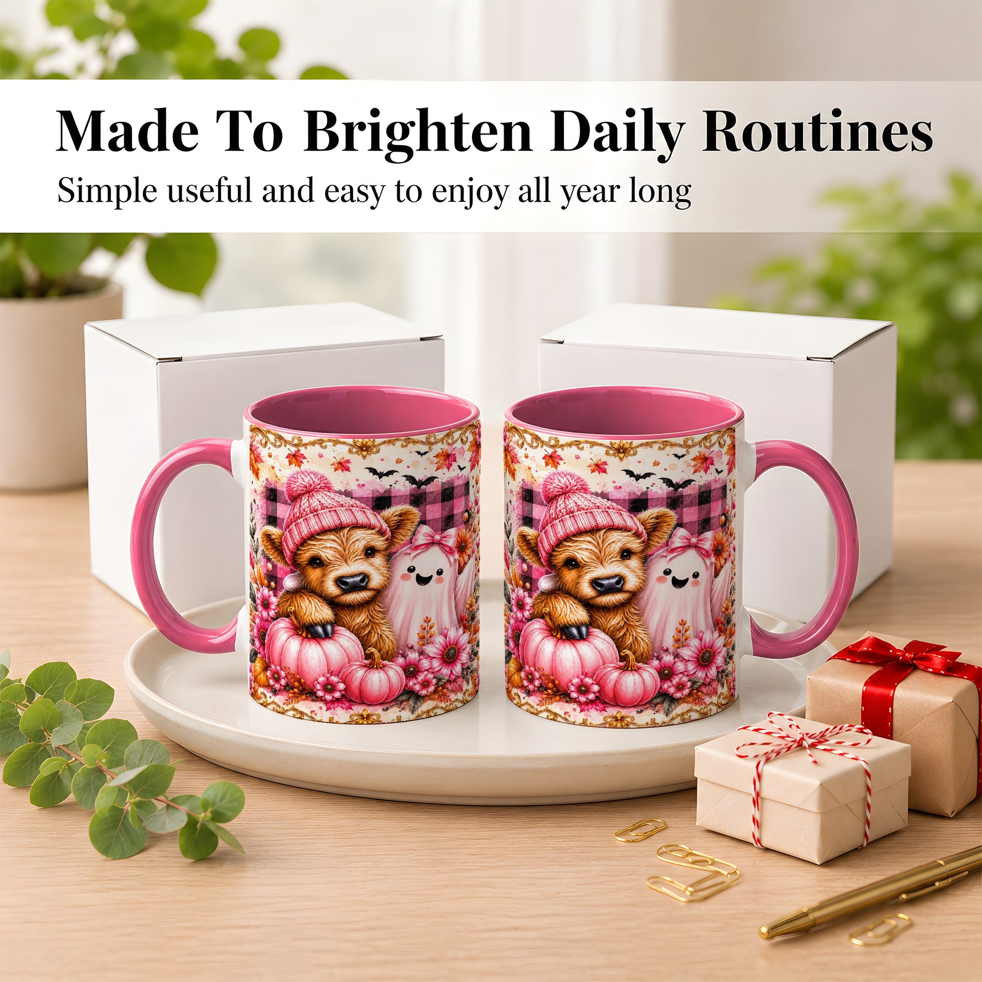 #pl[11oz|Pink] Highland Cow Coffee Mug, Pink Fall Ghost Mug, Ceramic Cup