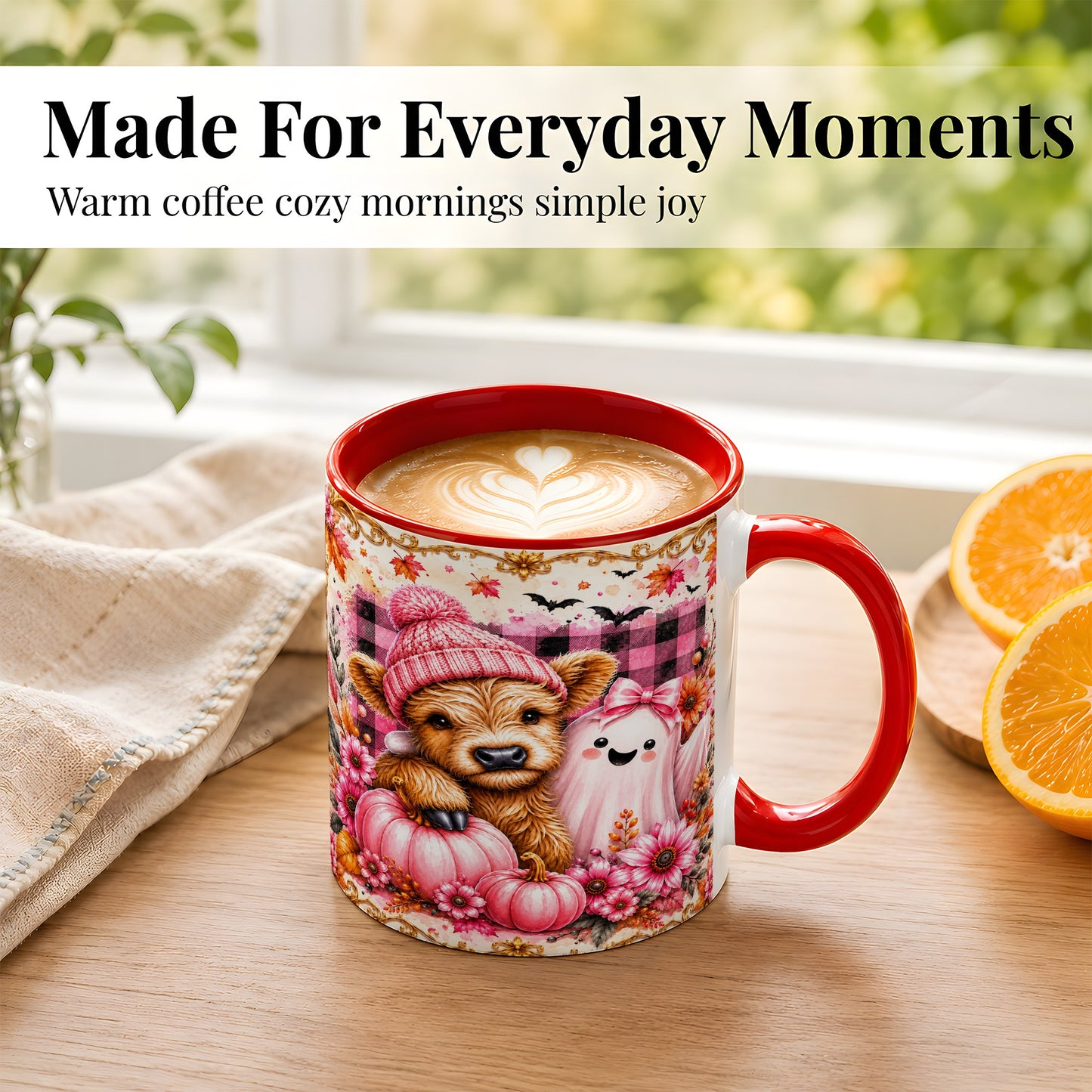 #pl[11oz|Red] Highland Cow Coffee Mug, Pink Fall Ghost Mug, Ceramic Cup