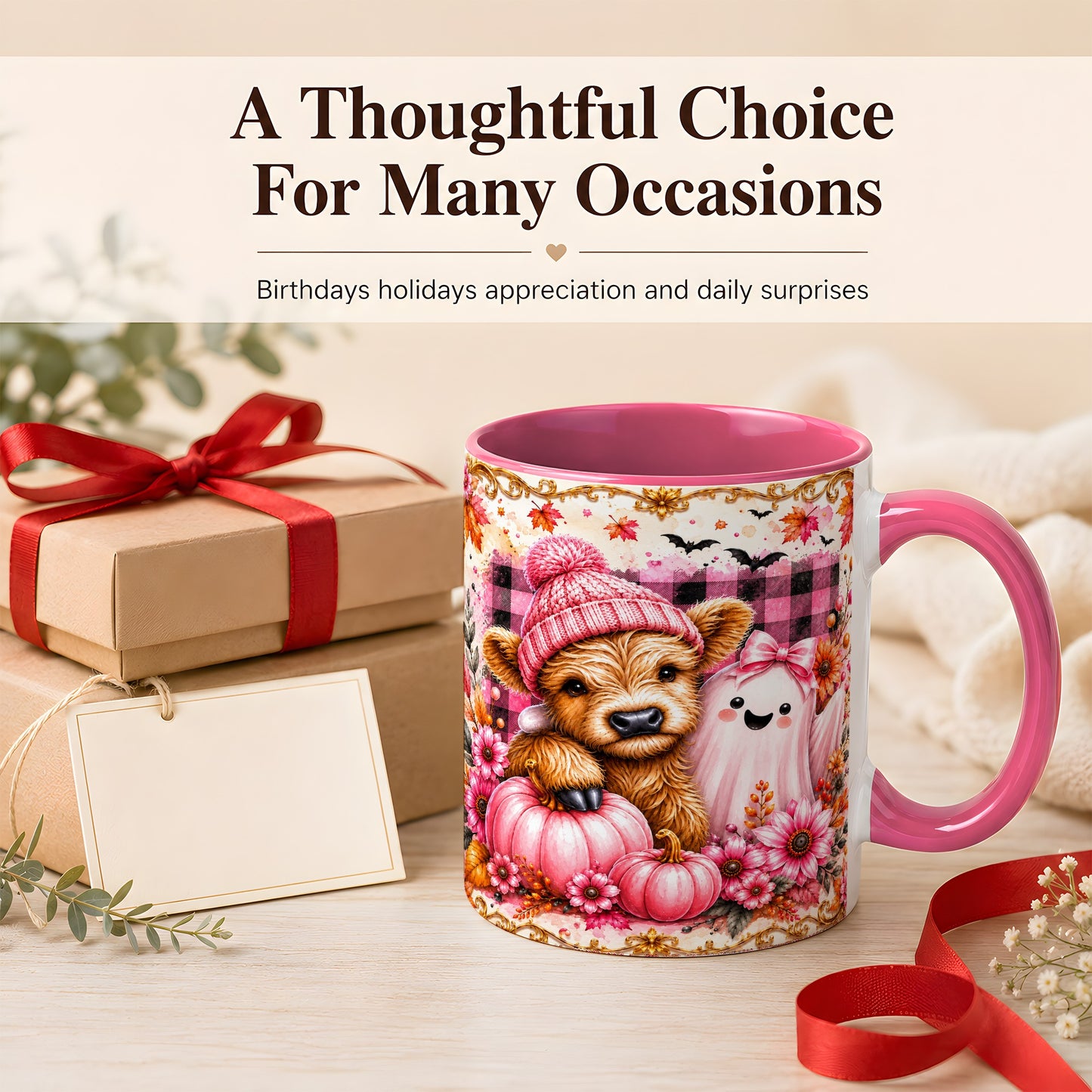 #pl[11oz|Pink] Highland Cow Coffee Mug, Pink Fall Ghost Mug, Ceramic Cup