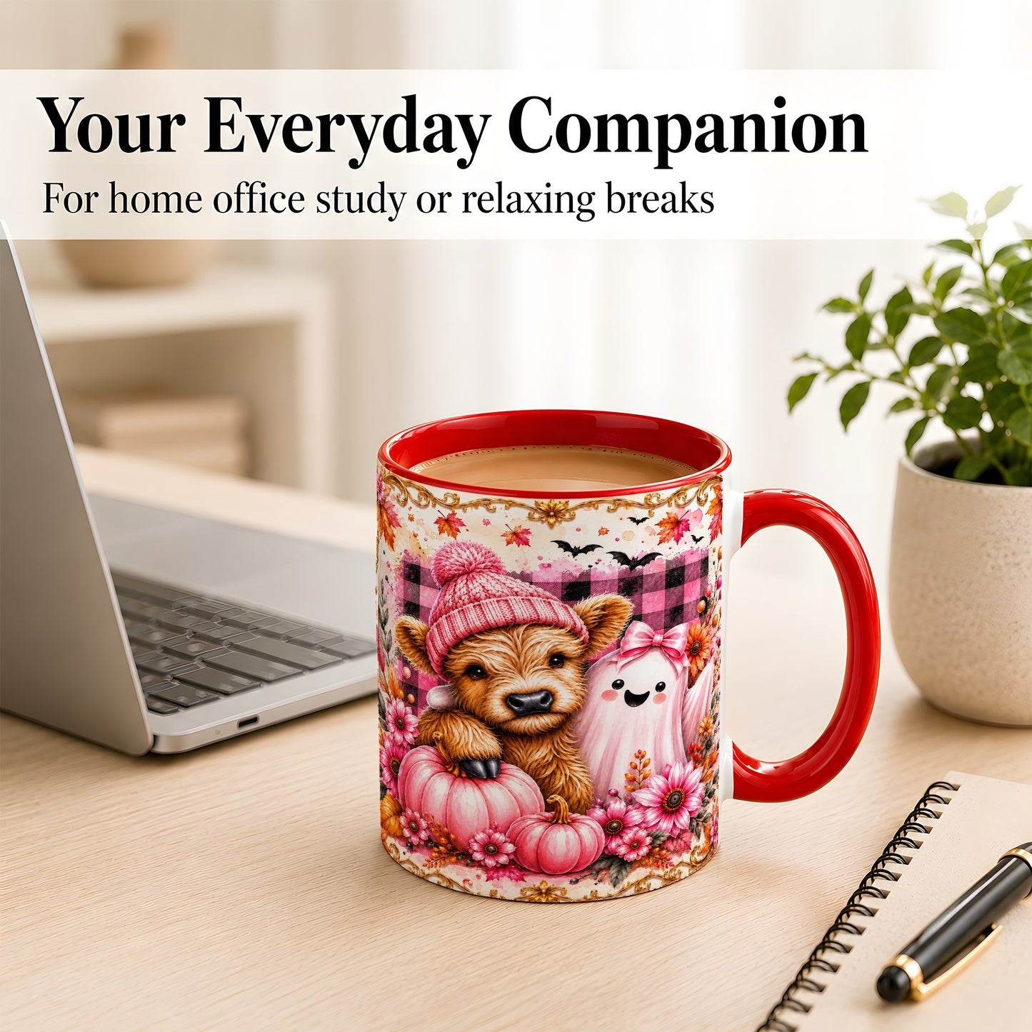 #pl[11oz|Red] Highland Cow Coffee Mug, Pink Fall Ghost Mug, Ceramic Cup