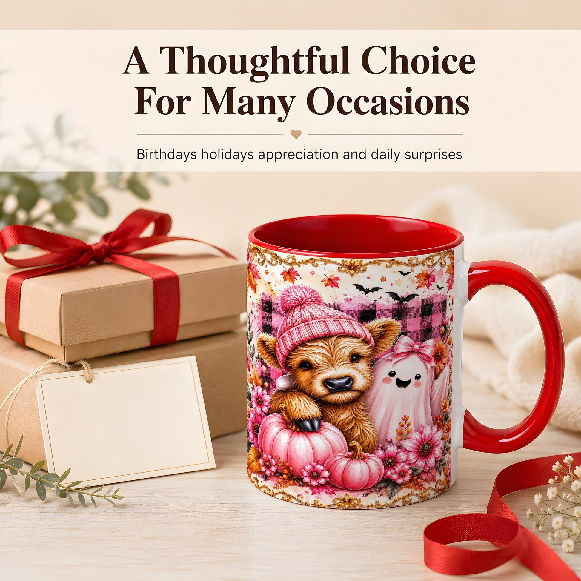 #pl[11oz|Red] Highland Cow Coffee Mug, Pink Fall Ghost Mug, Ceramic Cup