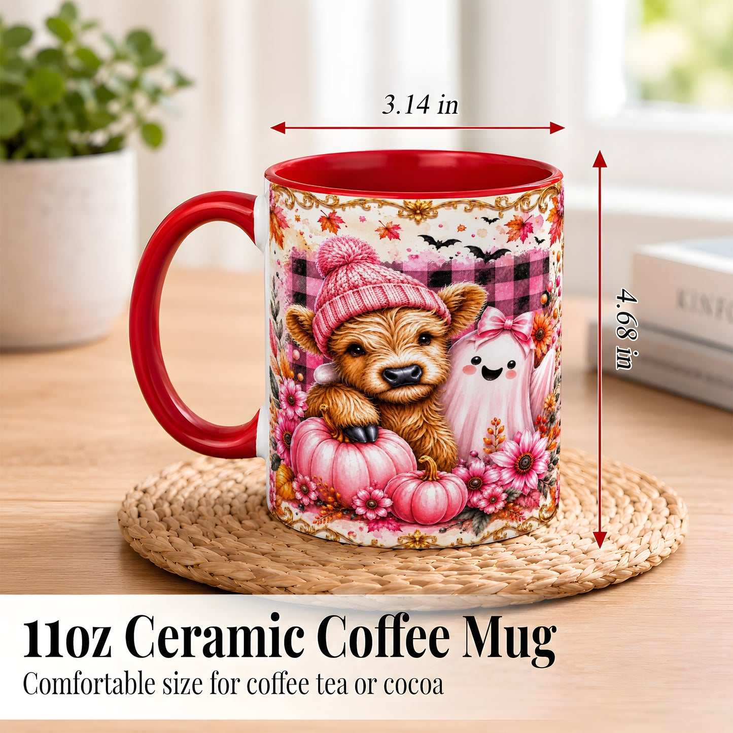 #pl[11oz|Red] Highland Cow Coffee Mug, Pink Fall Ghost Mug, Ceramic Cup