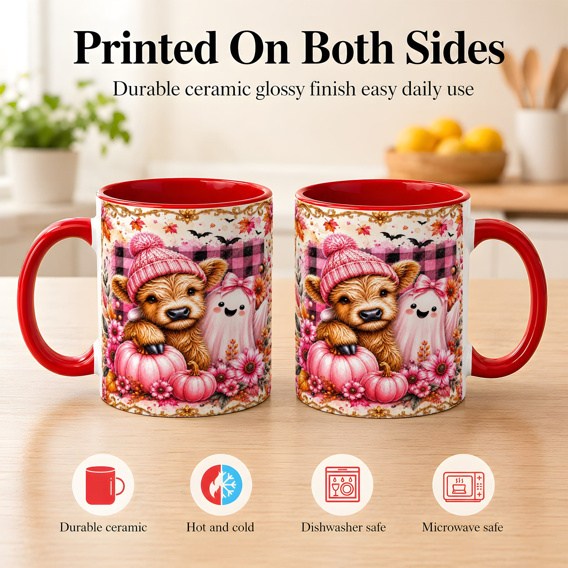 #pl[11oz|Red] Highland Cow Coffee Mug, Pink Fall Ghost Mug, Ceramic Cup