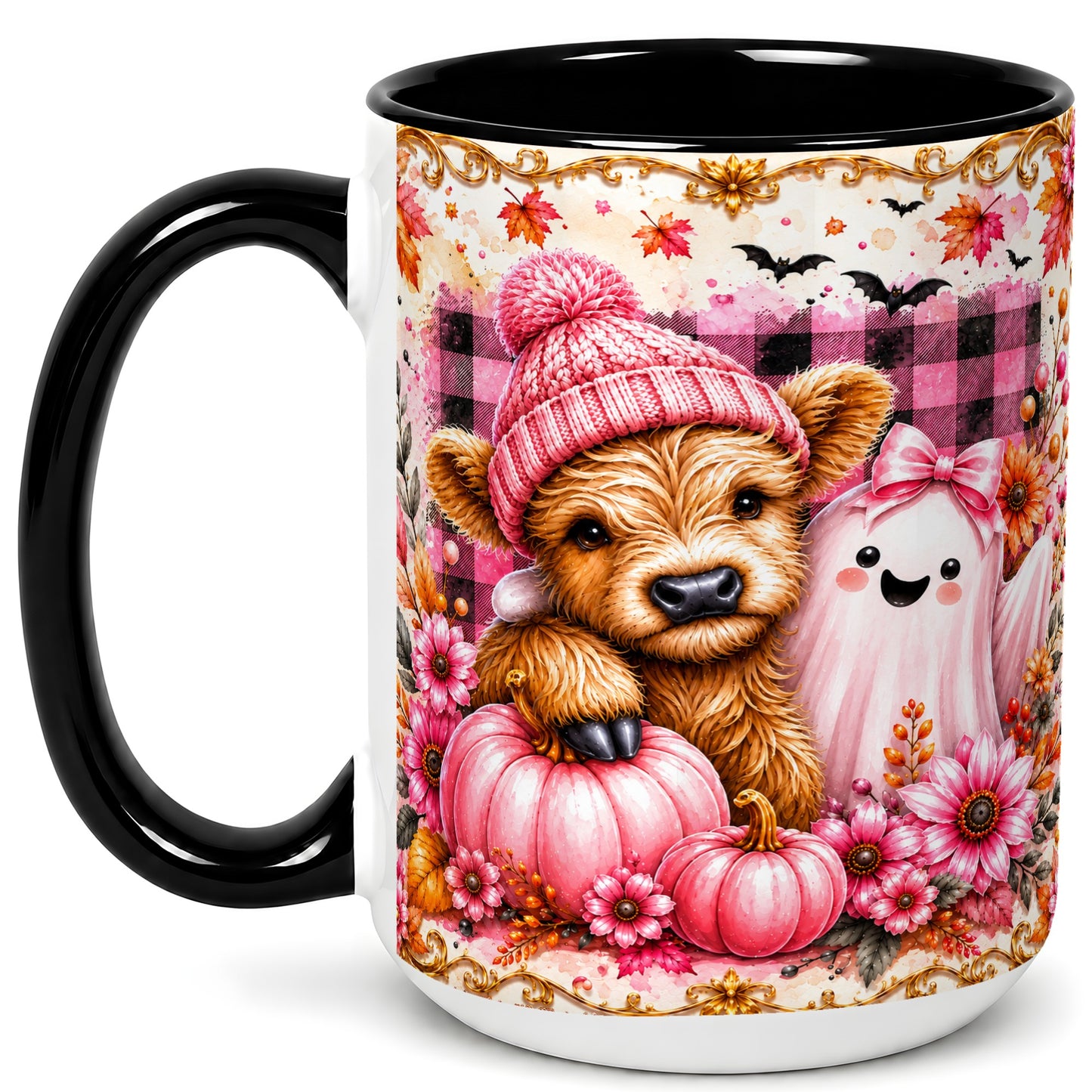 #pl[15oz|Black] Highland Cow Coffee Mug, Pink Fall Ghost Mug, Ceramic Cup