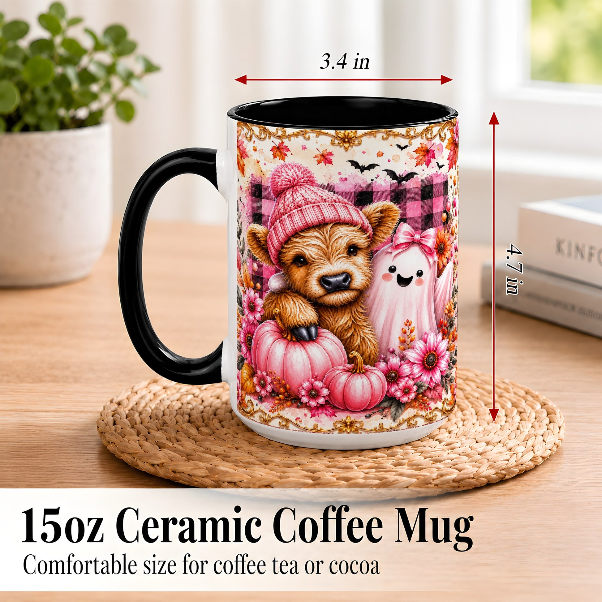 #pl[15oz|Black] Highland Cow Coffee Mug, Pink Fall Ghost Mug, Ceramic Cup
