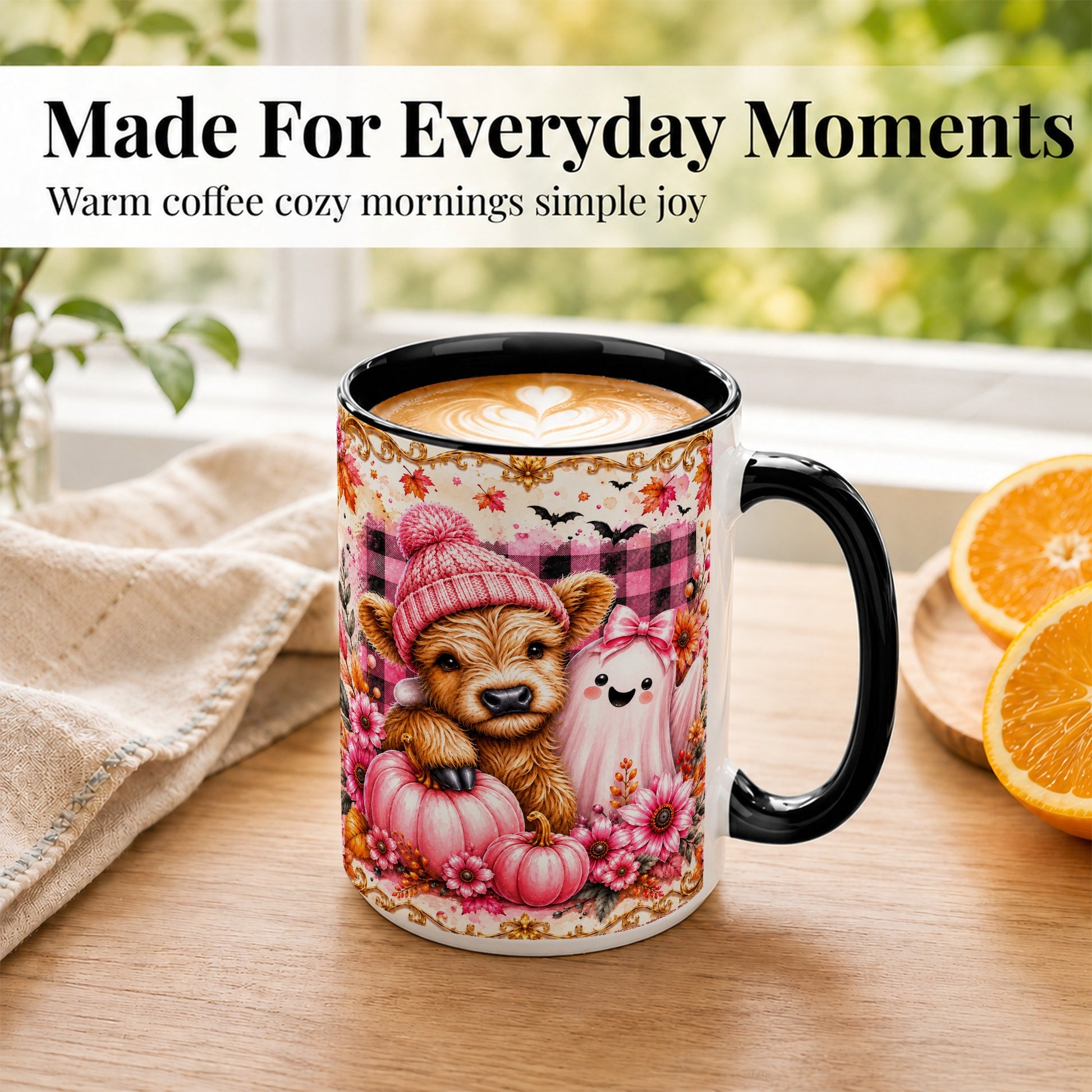 #pl[15oz|Black] Highland Cow Coffee Mug, Pink Fall Ghost Mug, Ceramic Cup