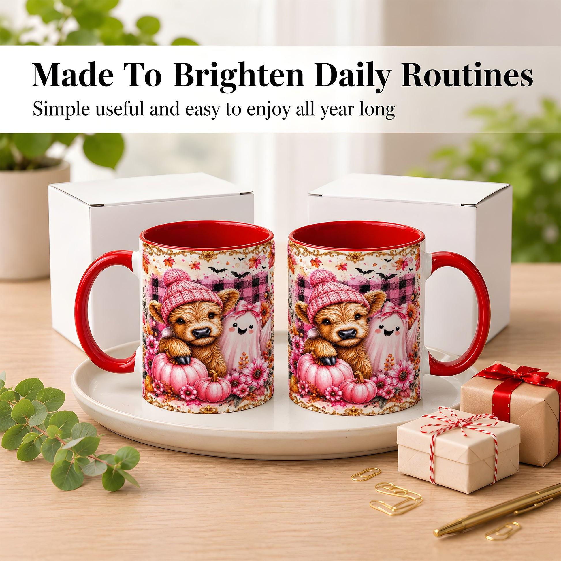 #pl[11oz|Red] Highland Cow Coffee Mug, Pink Fall Ghost Mug, Ceramic Cup