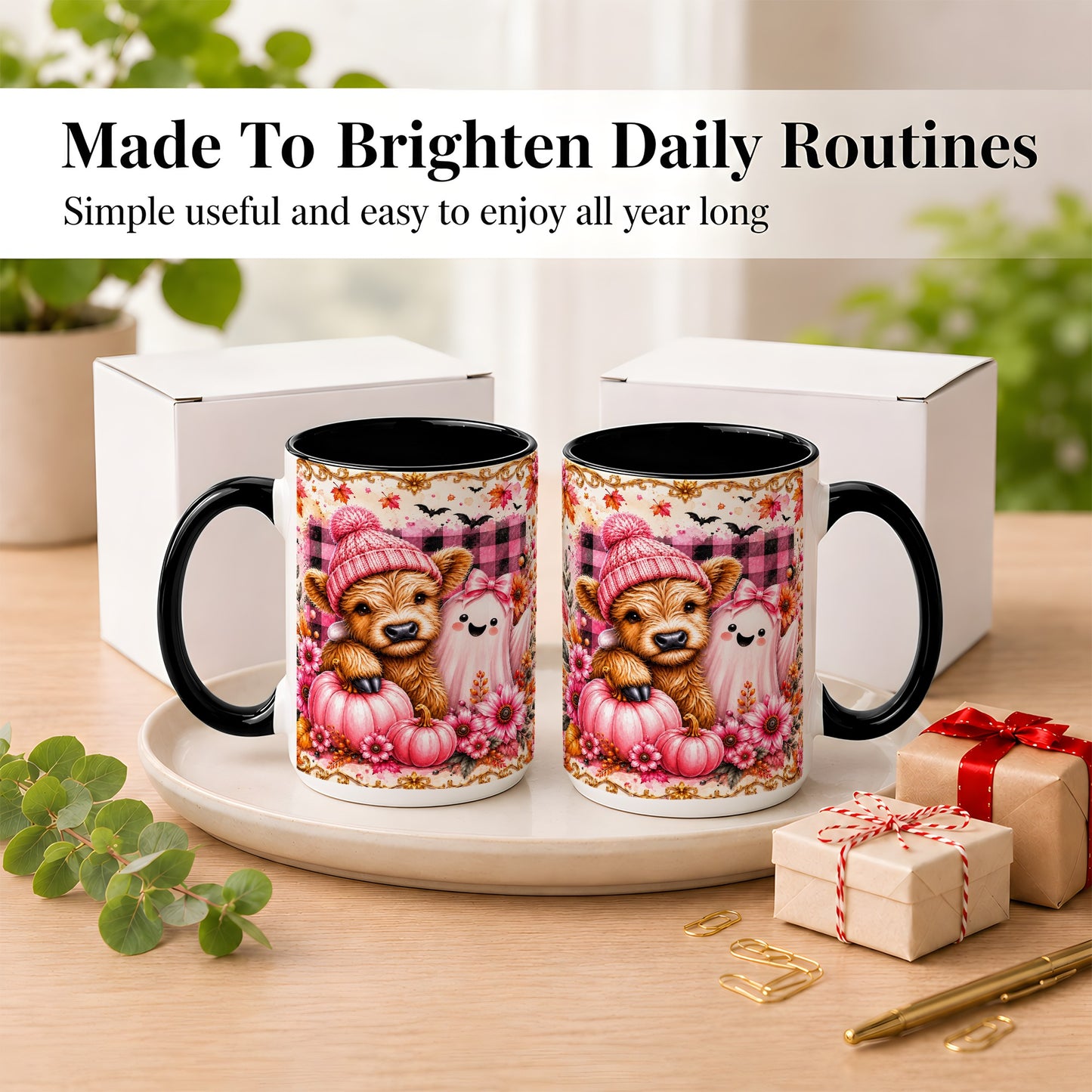 #pl[15oz|Black] Highland Cow Coffee Mug, Pink Fall Ghost Mug, Ceramic Cup