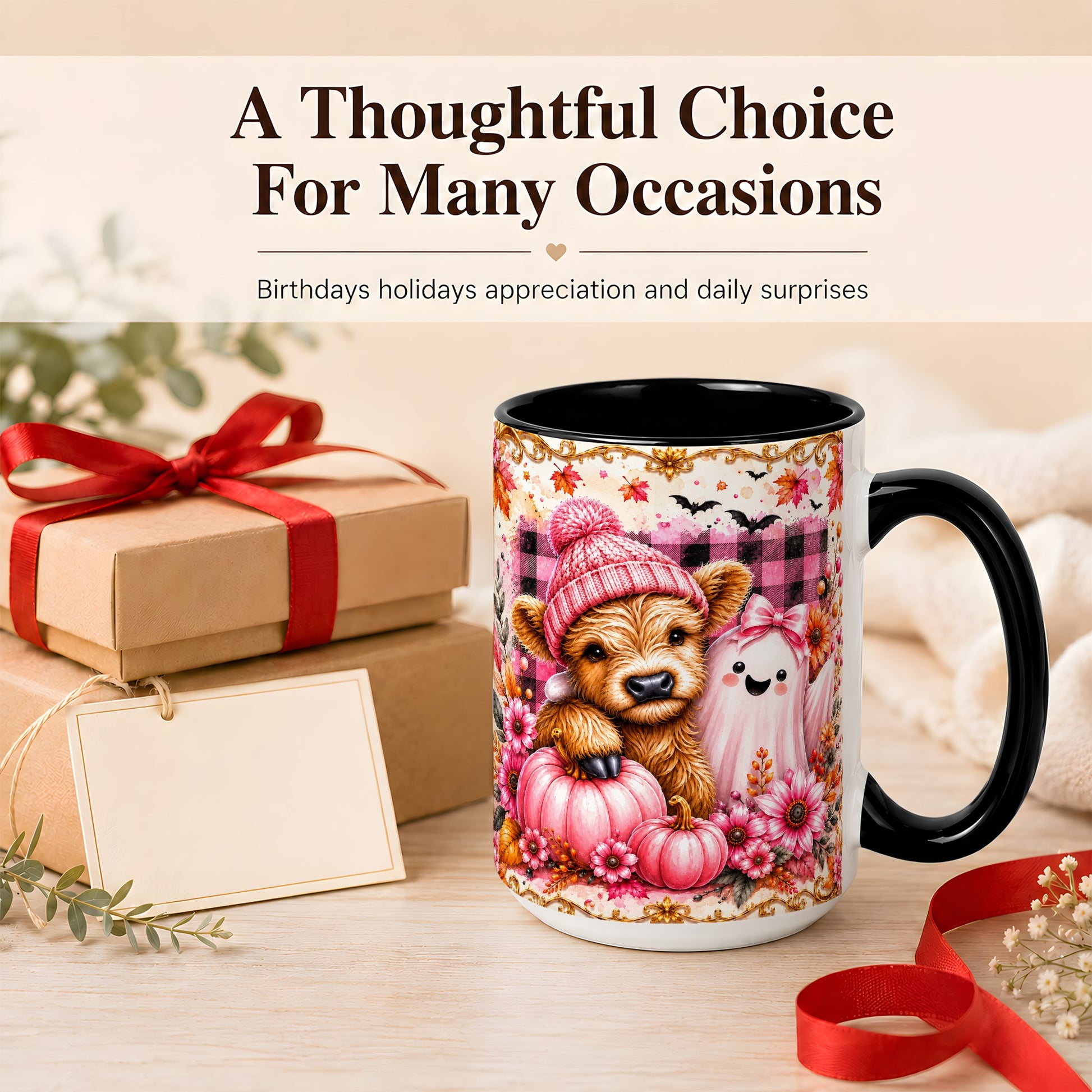 #pl[15oz|Black] Highland Cow Coffee Mug, Pink Fall Ghost Mug, Ceramic Cup