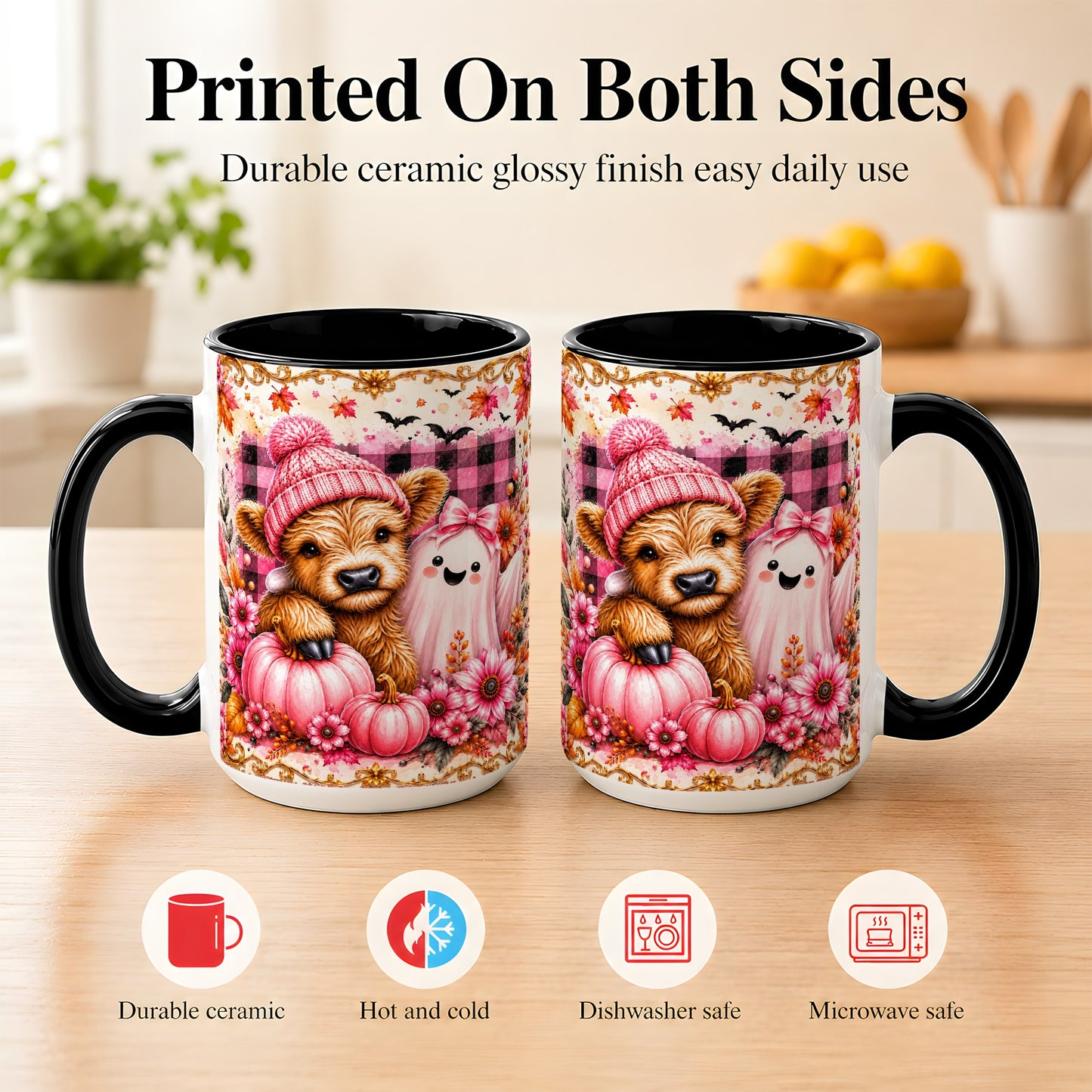 #pl[15oz|Black] Highland Cow Coffee Mug, Pink Fall Ghost Mug, Ceramic Cup