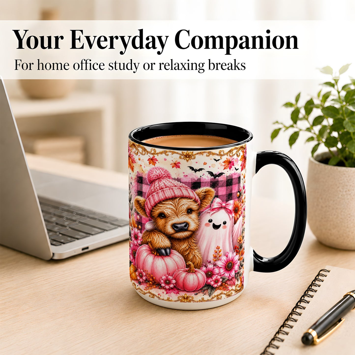 #pl[15oz|Black] Highland Cow Coffee Mug, Pink Fall Ghost Mug, Ceramic Cup