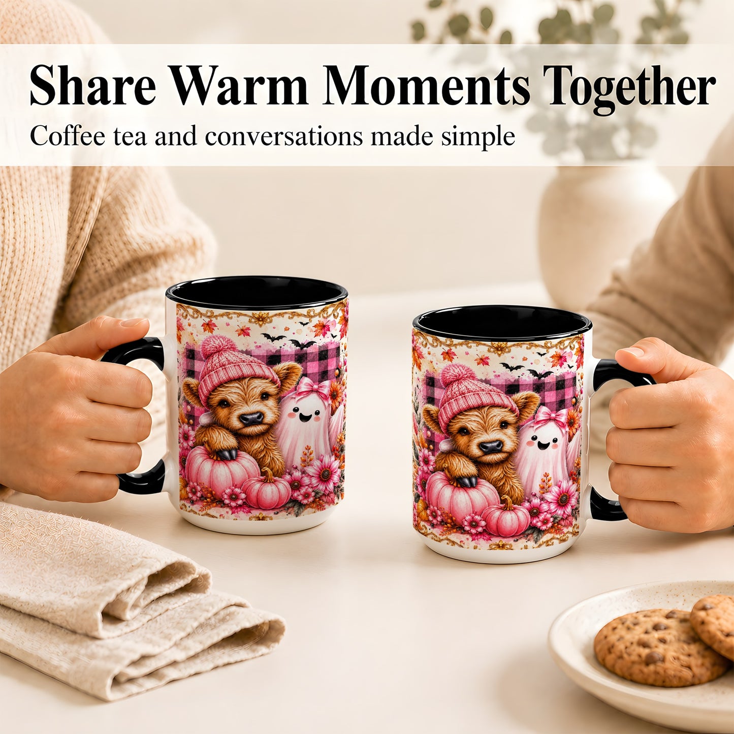#pl[15oz|Black] Highland Cow Coffee Mug, Pink Fall Ghost Mug, Ceramic Cup