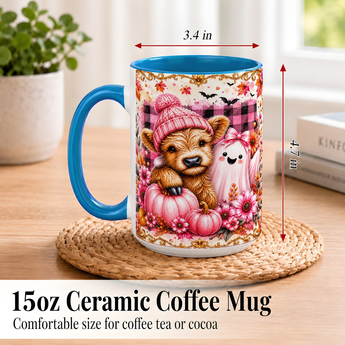 #pl[15oz|Blue] Highland Cow Coffee Mug, Pink Fall Ghost Mug, Ceramic Cup