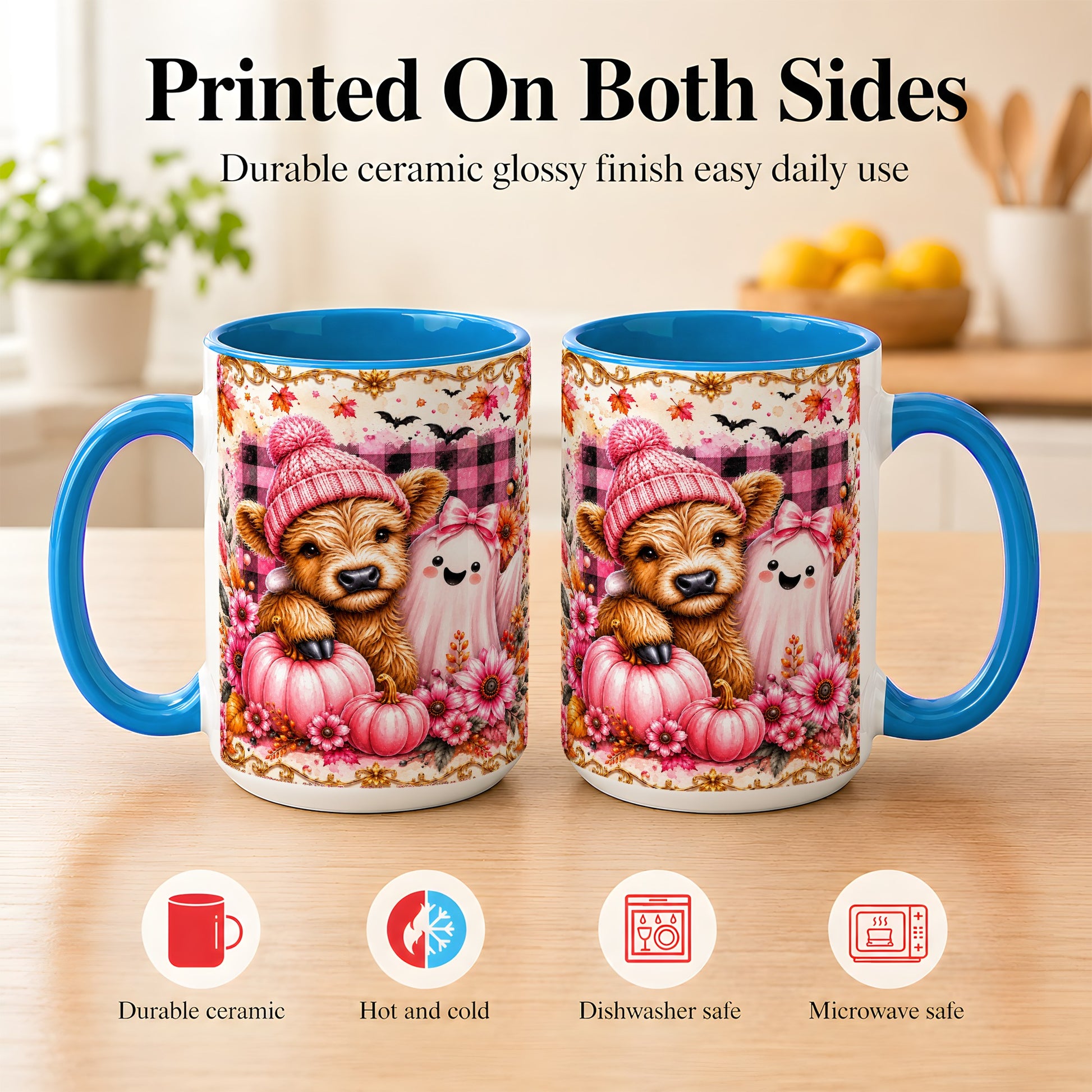 #pl[15oz|Blue] Highland Cow Coffee Mug, Pink Fall Ghost Mug, Ceramic Cup