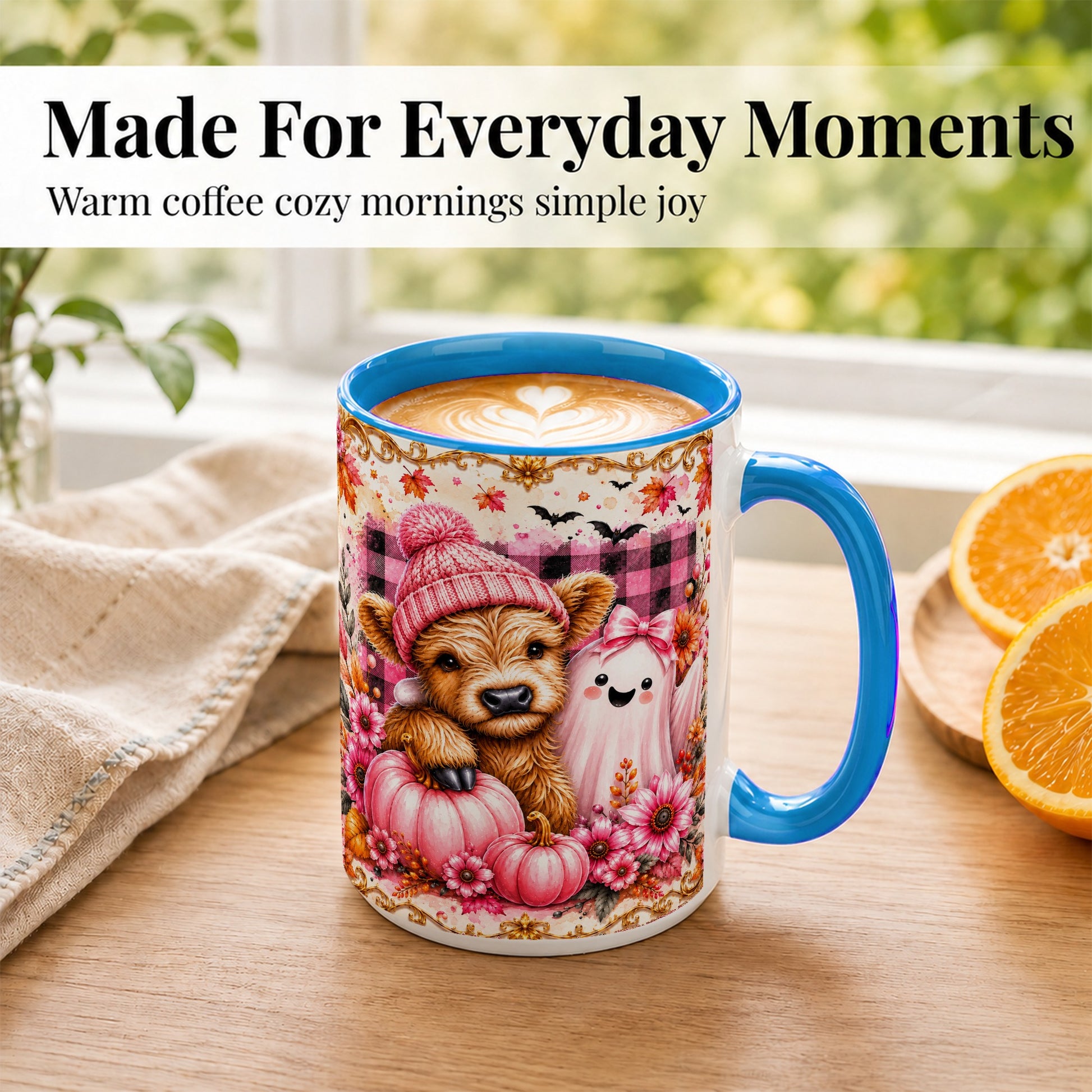 #pl[15oz|Blue] Highland Cow Coffee Mug, Pink Fall Ghost Mug, Ceramic Cup