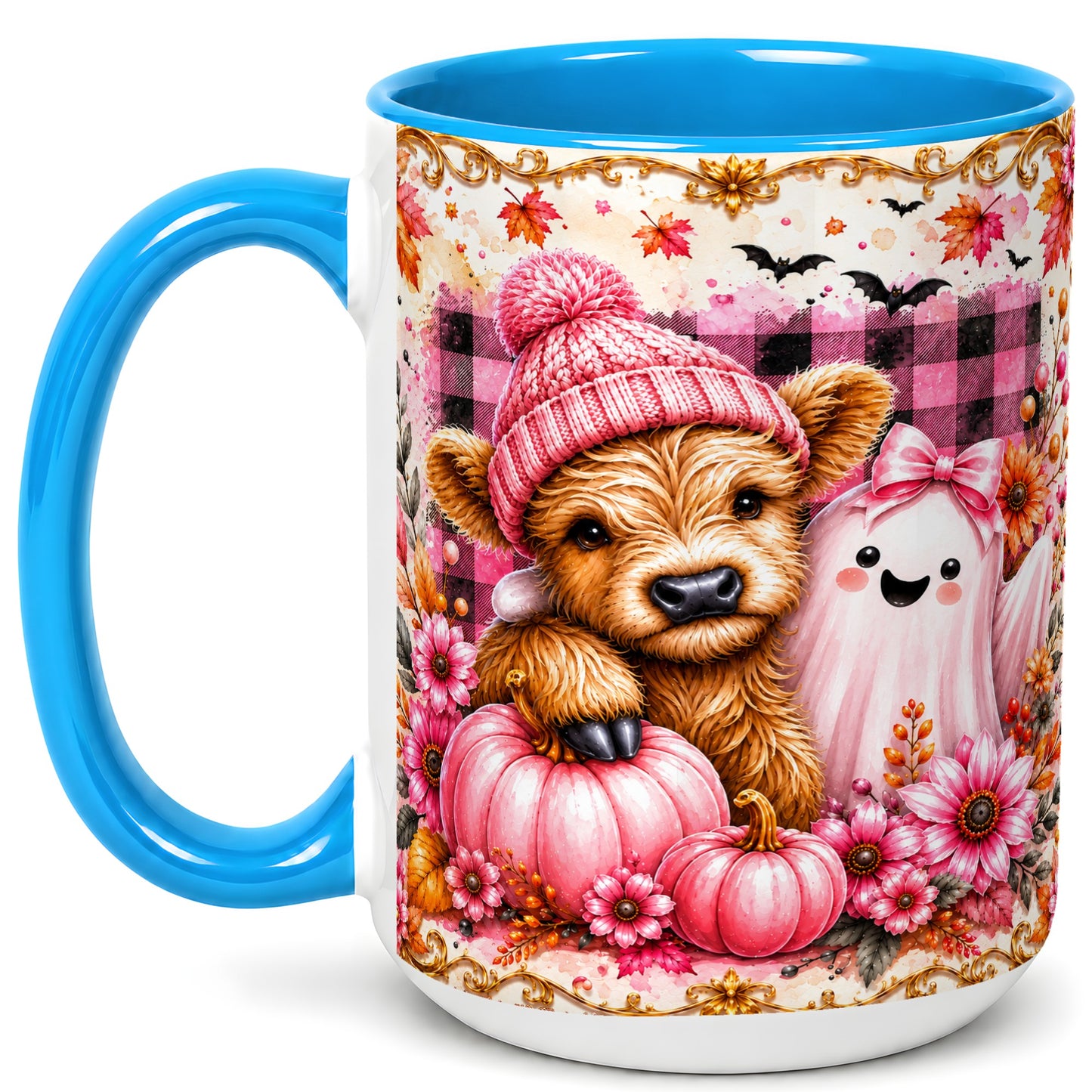 #pl[15oz|Blue] Highland Cow Coffee Mug, Pink Fall Ghost Mug, Ceramic Cup