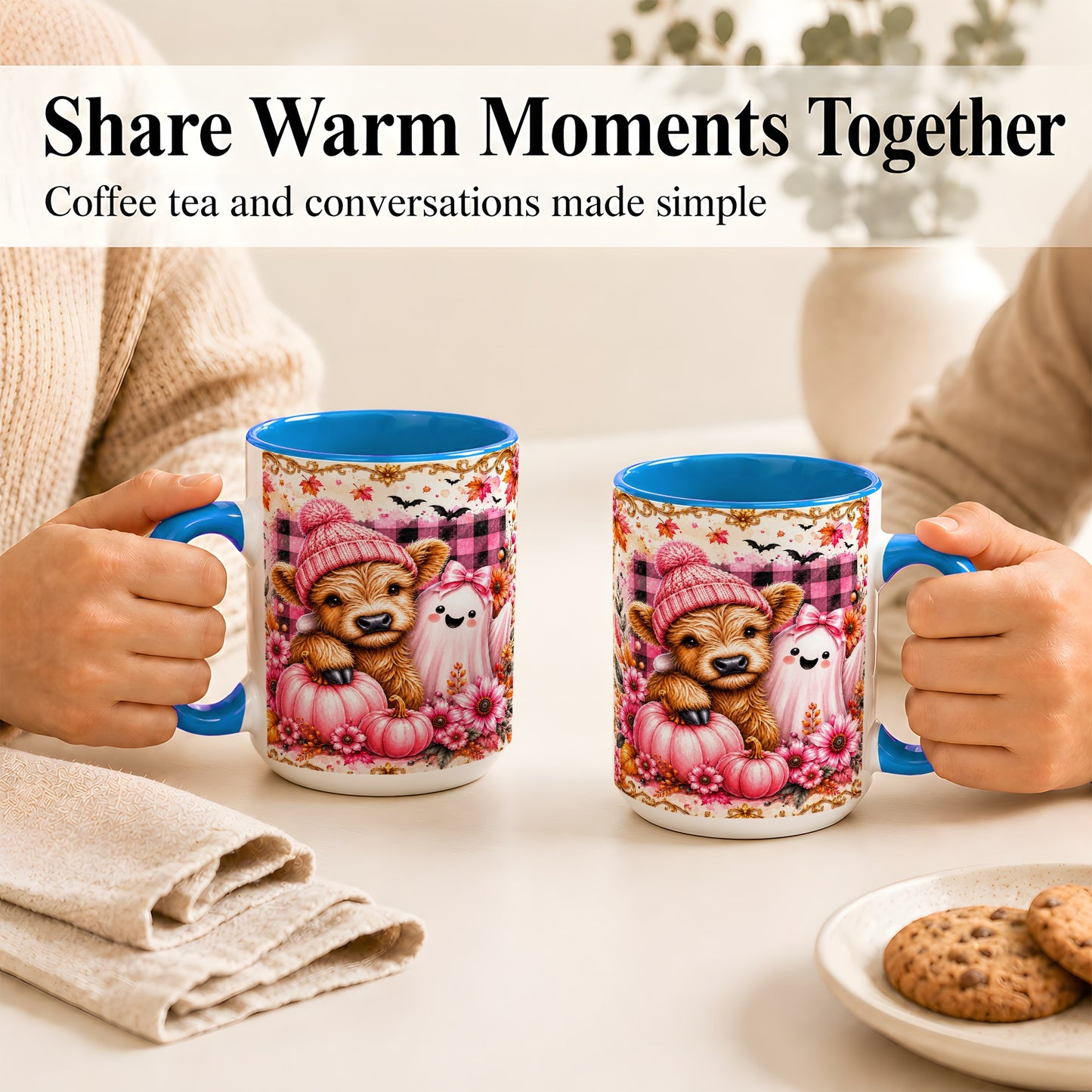 #pl[15oz|Blue] Highland Cow Coffee Mug, Pink Fall Ghost Mug, Ceramic Cup