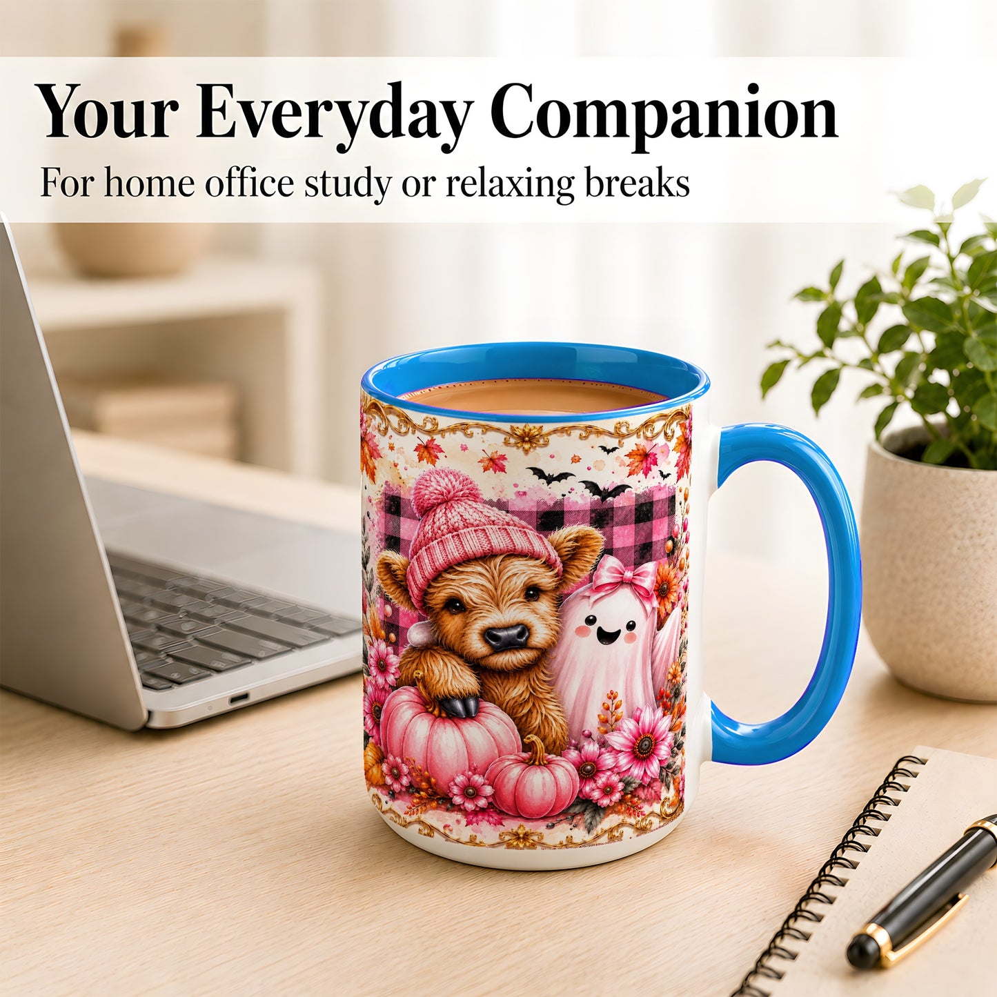 #pl[15oz|Blue] Highland Cow Coffee Mug, Pink Fall Ghost Mug, Ceramic Cup