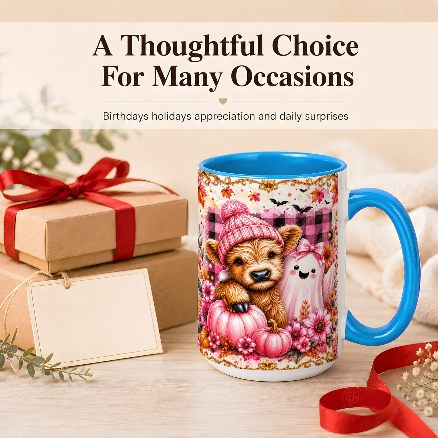 #pl[15oz|Blue] Highland Cow Coffee Mug, Pink Fall Ghost Mug, Ceramic Cup
