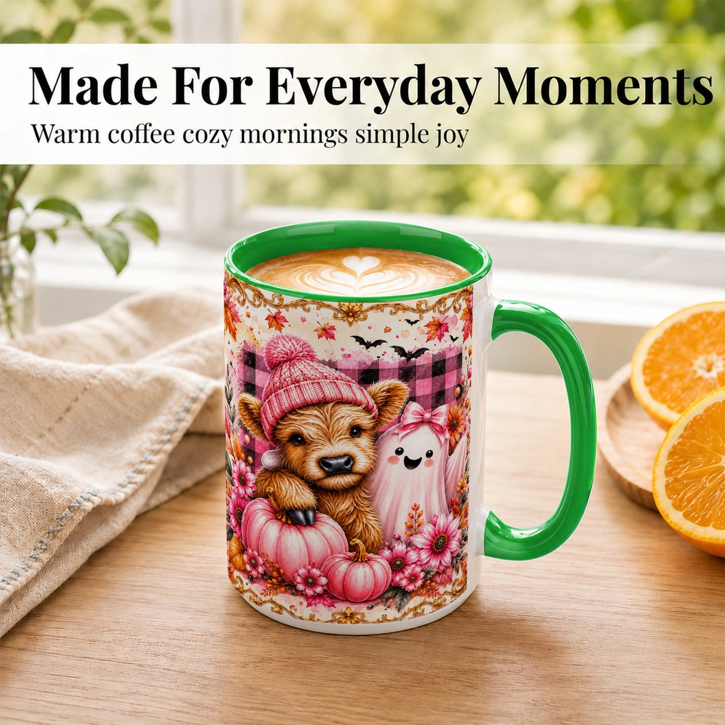 #pl[15oz|Green] Highland Cow Coffee Mug, Pink Fall Ghost Mug, Ceramic Cup