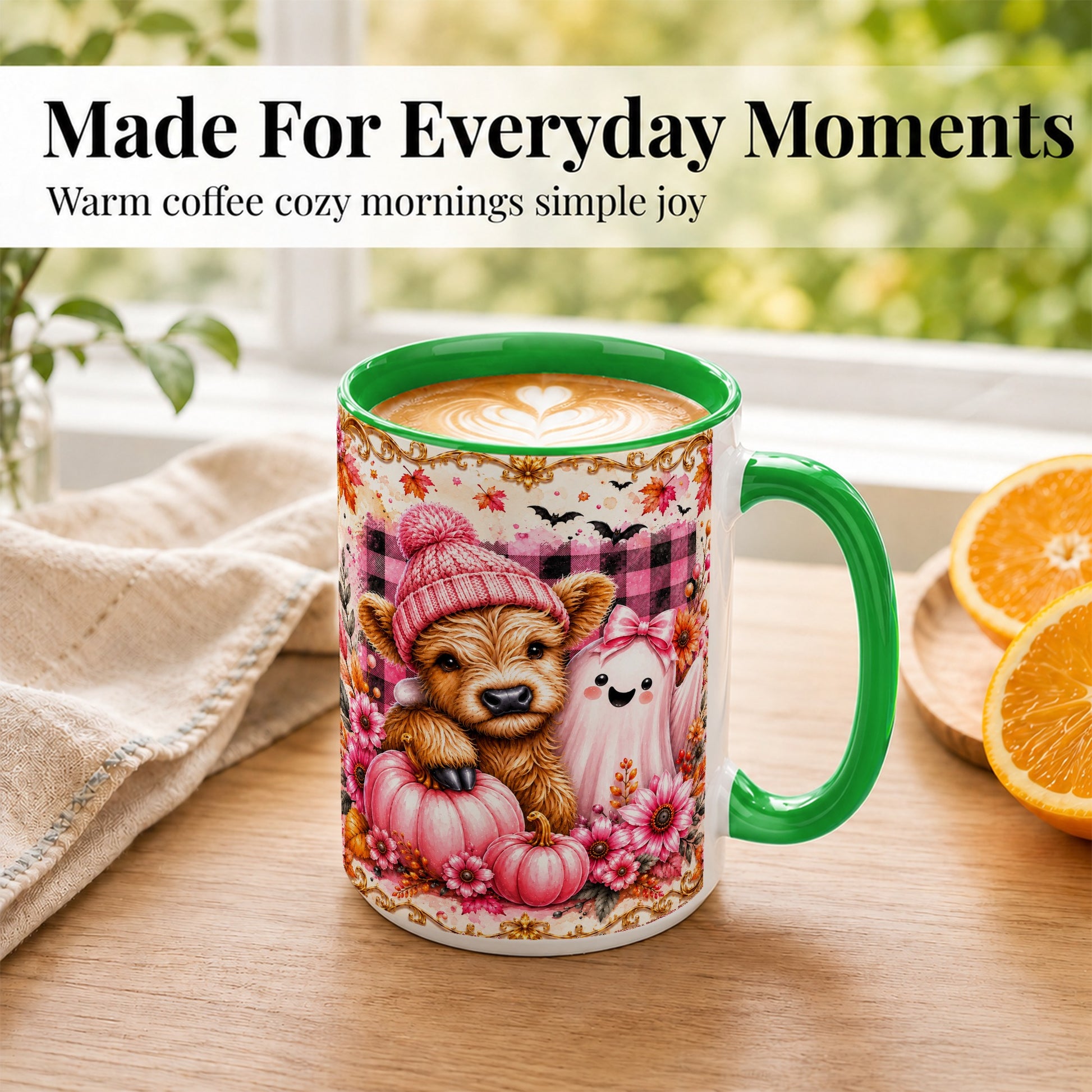 #pl[15oz|Green] Highland Cow Coffee Mug, Pink Fall Ghost Mug, Ceramic Cup