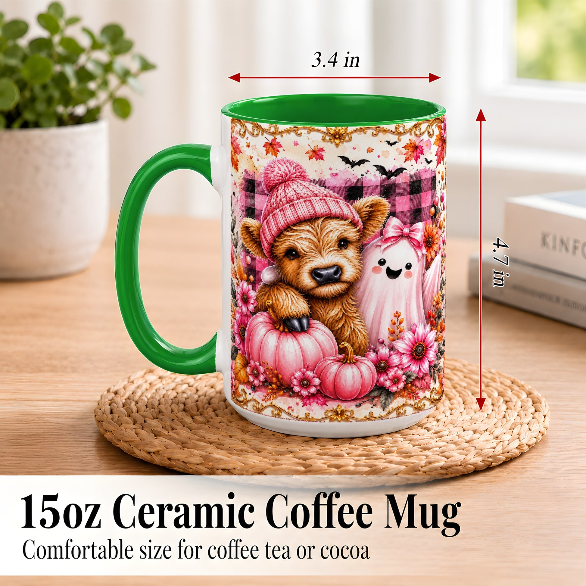 #pl[15oz|Green] Highland Cow Coffee Mug, Pink Fall Ghost Mug, Ceramic Cup