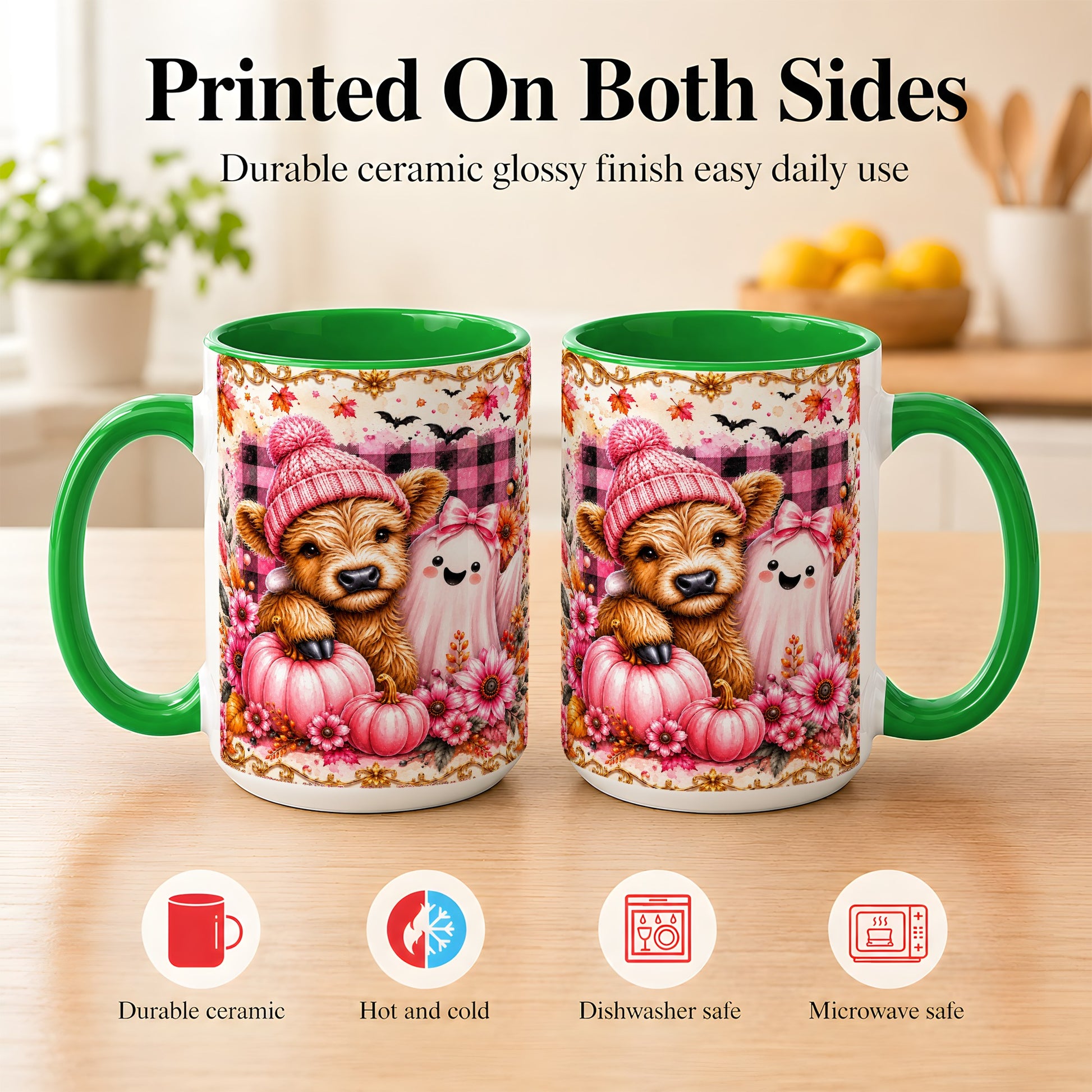 #pl[15oz|Green] Highland Cow Coffee Mug, Pink Fall Ghost Mug, Ceramic Cup