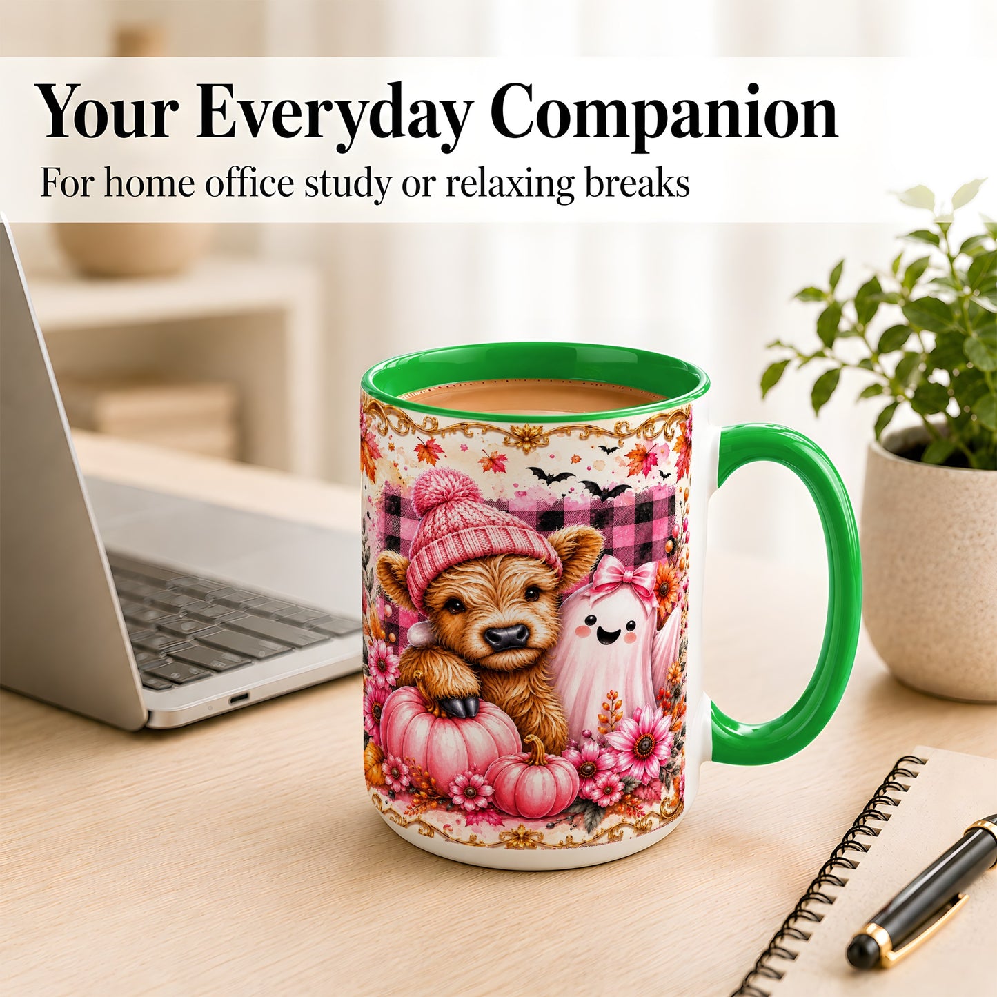 #pl[15oz|Green] Highland Cow Coffee Mug, Pink Fall Ghost Mug, Ceramic Cup